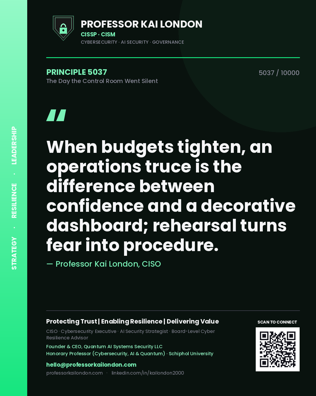 Professor Kai London principle 5037: When budgets tighten, an operations truce is the difference between confidence and a decorative dashboard; rehearsal turns fear into procedure.