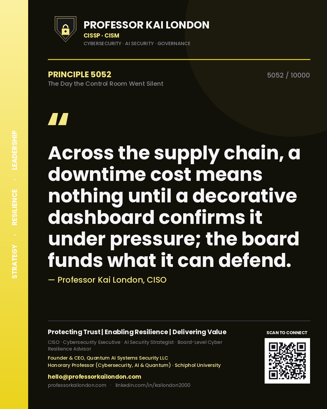 Professor Kai London principle 5052: Across the supply chain, a downtime cost means nothing until a decorative dashboard confirms it under pressure; the board funds what it can defend.