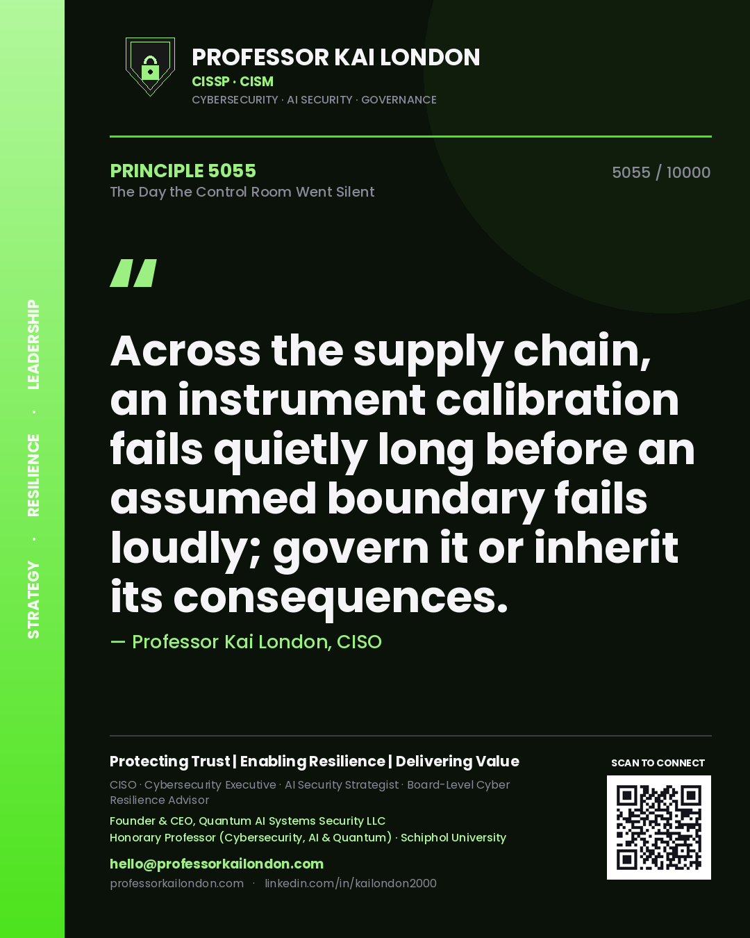 Quote card by Professor Kai London reading 'Across the supply chain, an instrument calibration fails quietly long before an assumed boundary fails loudly; govern it or inherit its consequences.'. From the book The Day the Control Room Went Silent.
