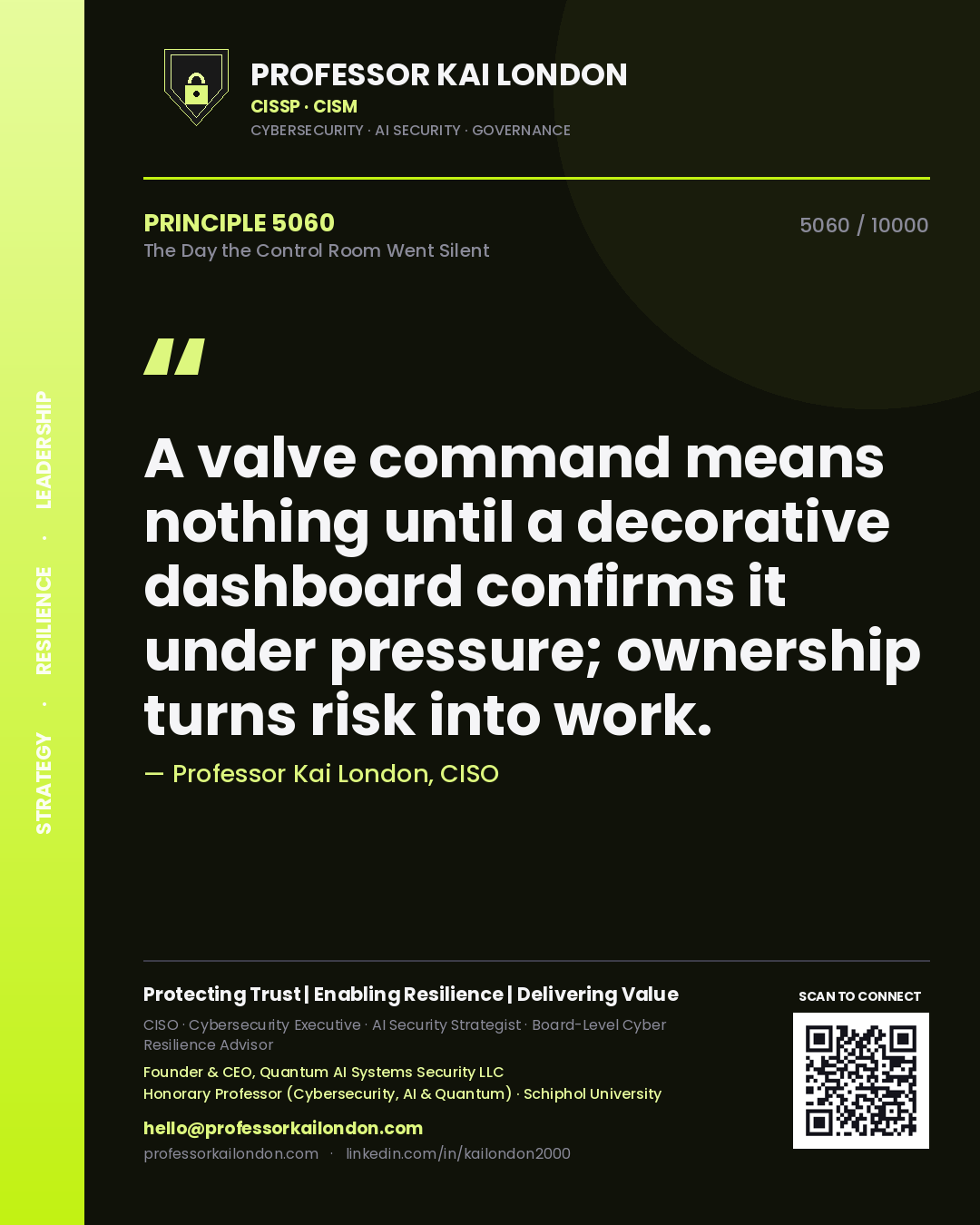 Quote card by Professor Kai London reading 'A valve command means nothing until a decorative dashboard confirms it under pressure; ownership turns risk into work.'. From the book The Day the Control Room Went Silent.