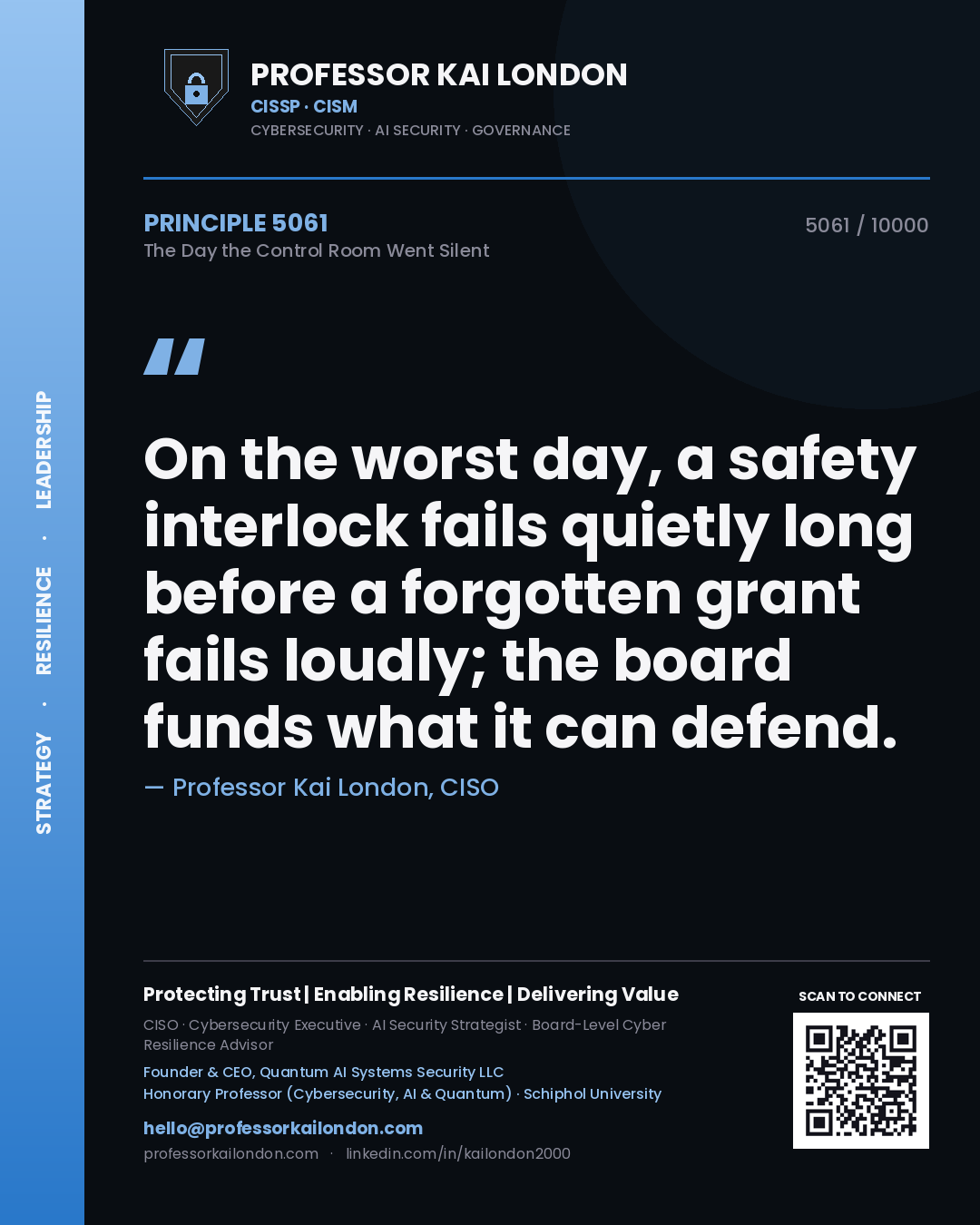 Professor Kai London principle 5061: On the worst day, a safety interlock fails quietly long before a forgotten grant fails loudly; the board funds what it can defend.