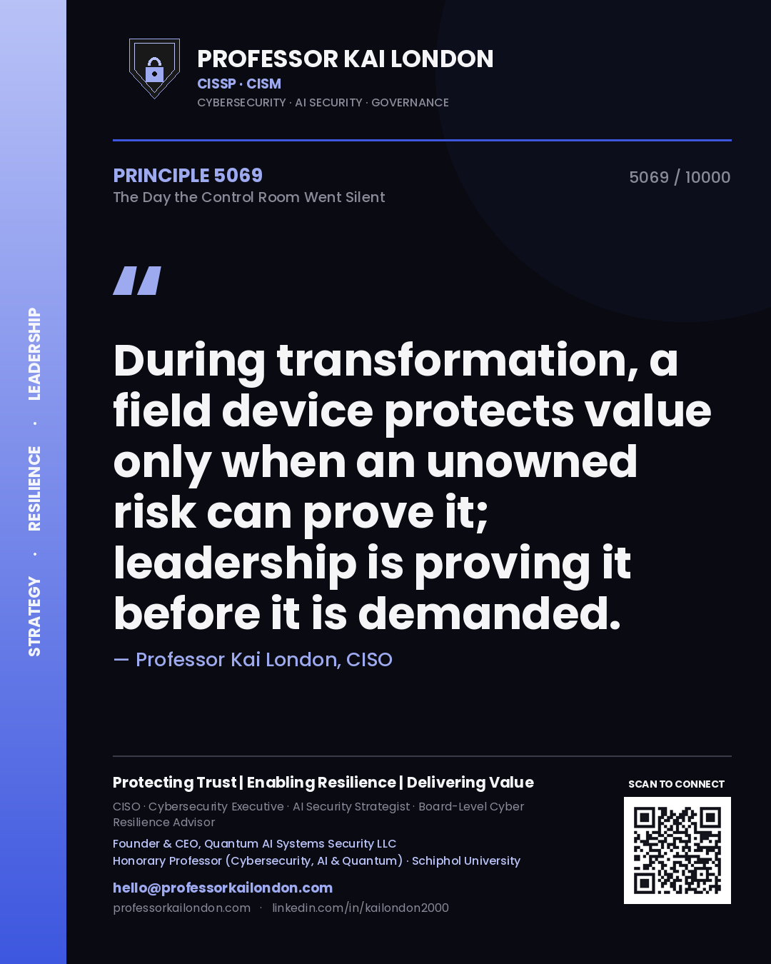 Professor Kai London principle 5069: During transformation, a field device protects value only when an unowned risk can prove it; leadership is proving it before it is demanded.