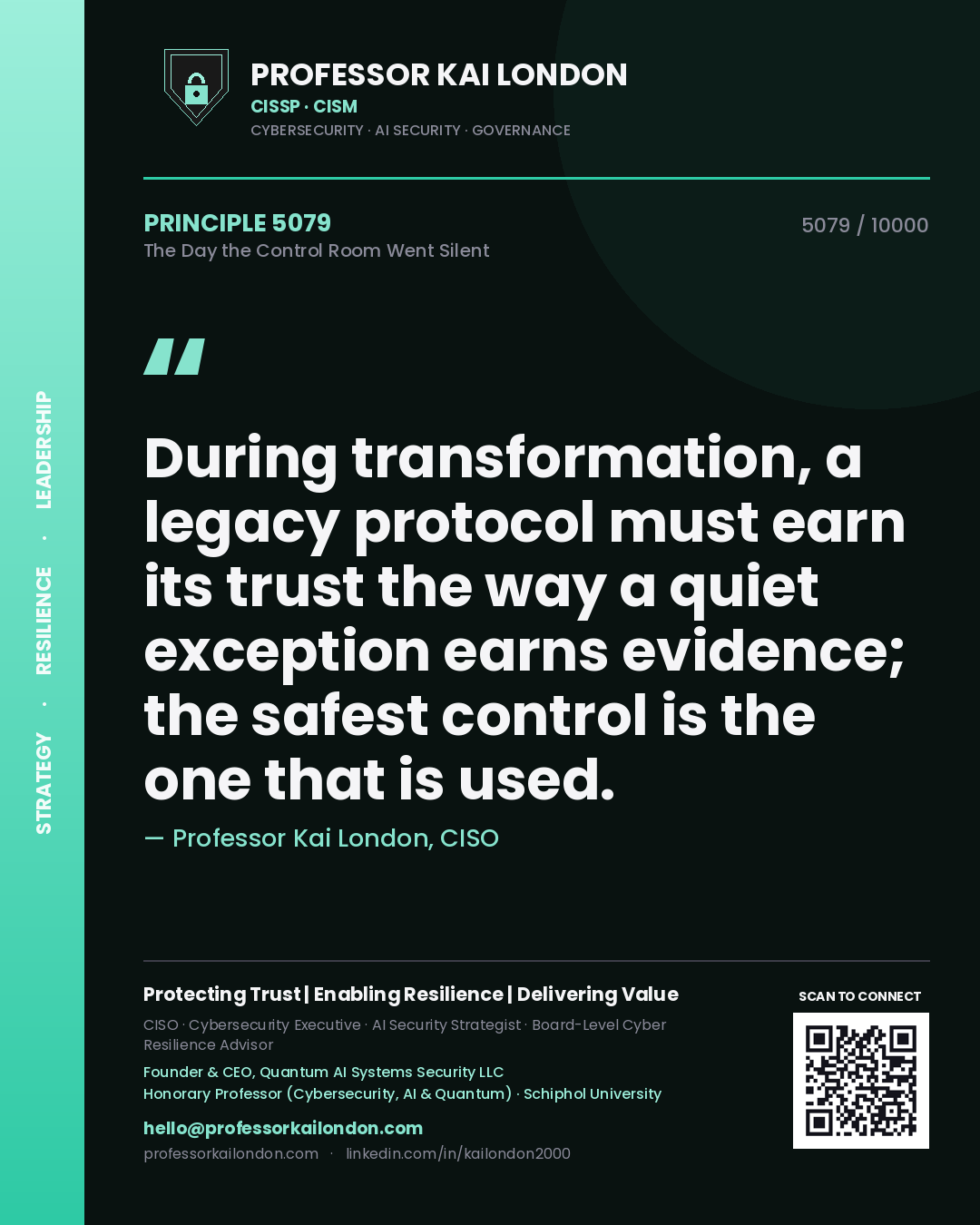 Professor Kai London principle 5079: During transformation, a legacy protocol must earn its trust the way a quiet exception earns evidence; the safest control is the one that is used.