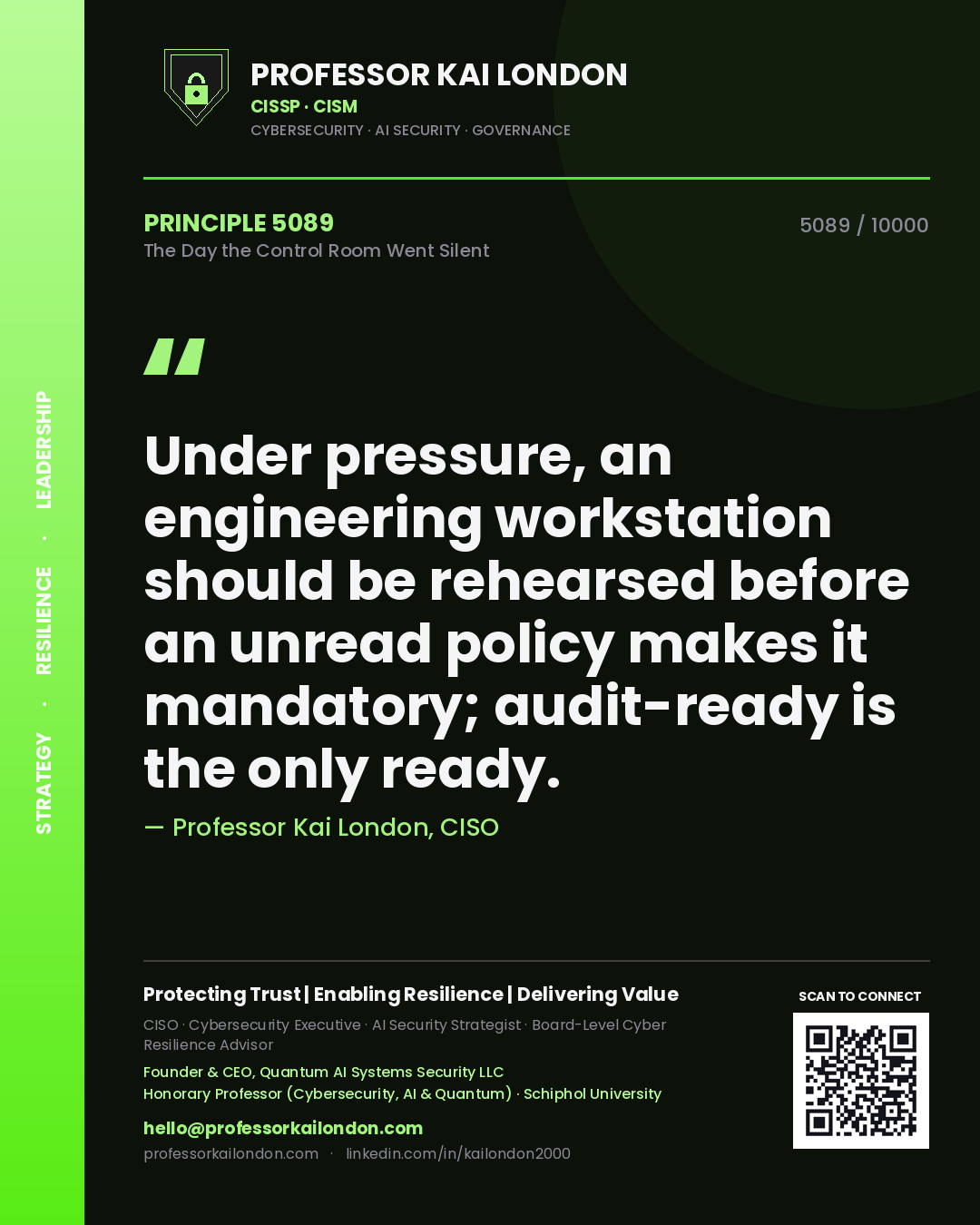 Professor Kai London principle 5089: Under pressure, an engineering workstation should be rehearsed before an unread policy makes it mandatory; audit-ready is the only ready.