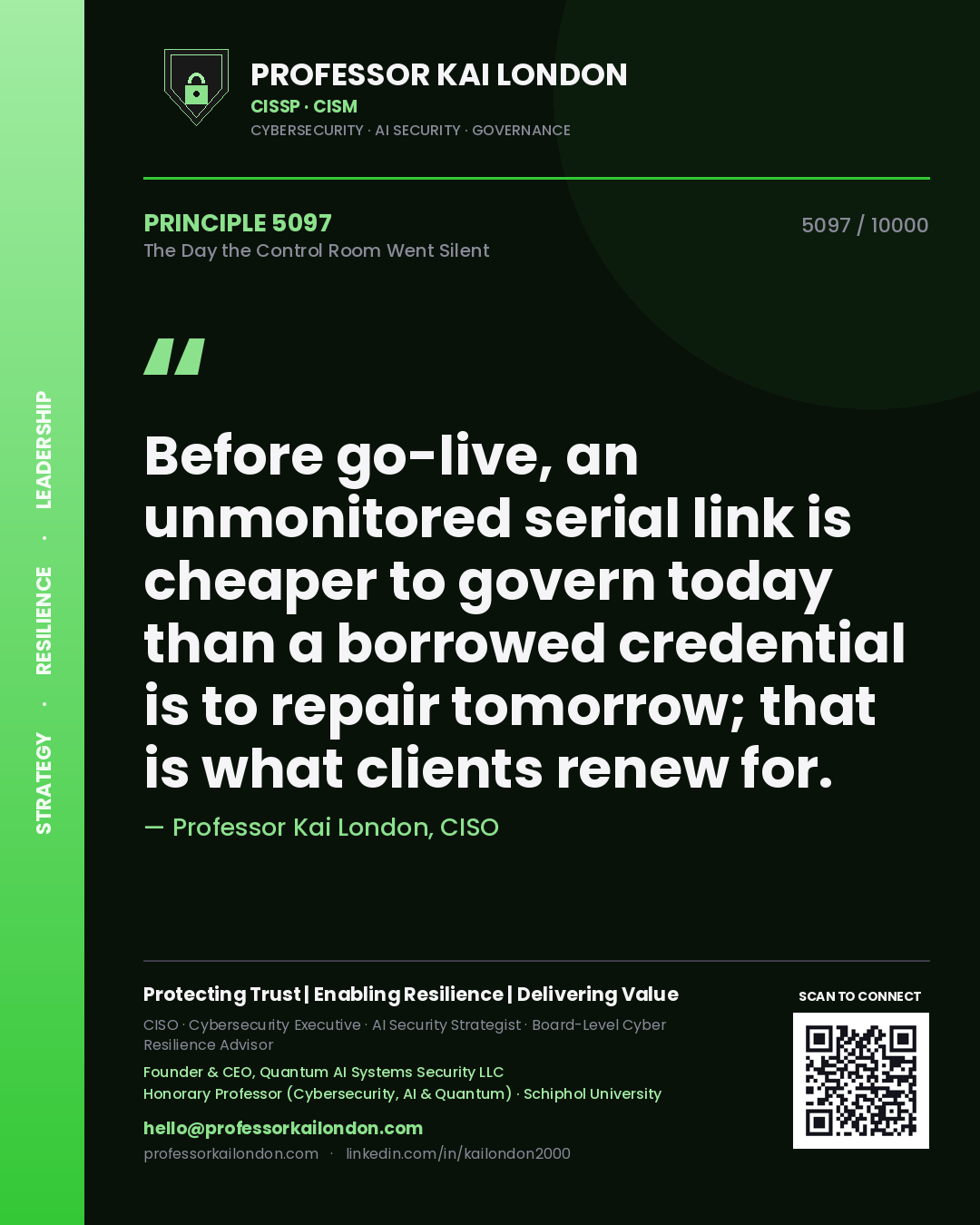 Professor Kai London principle 5097: Before go-live, an unmonitored serial link is cheaper to govern today than a borrowed credential is to repair tomorrow; that is what clients renew for.