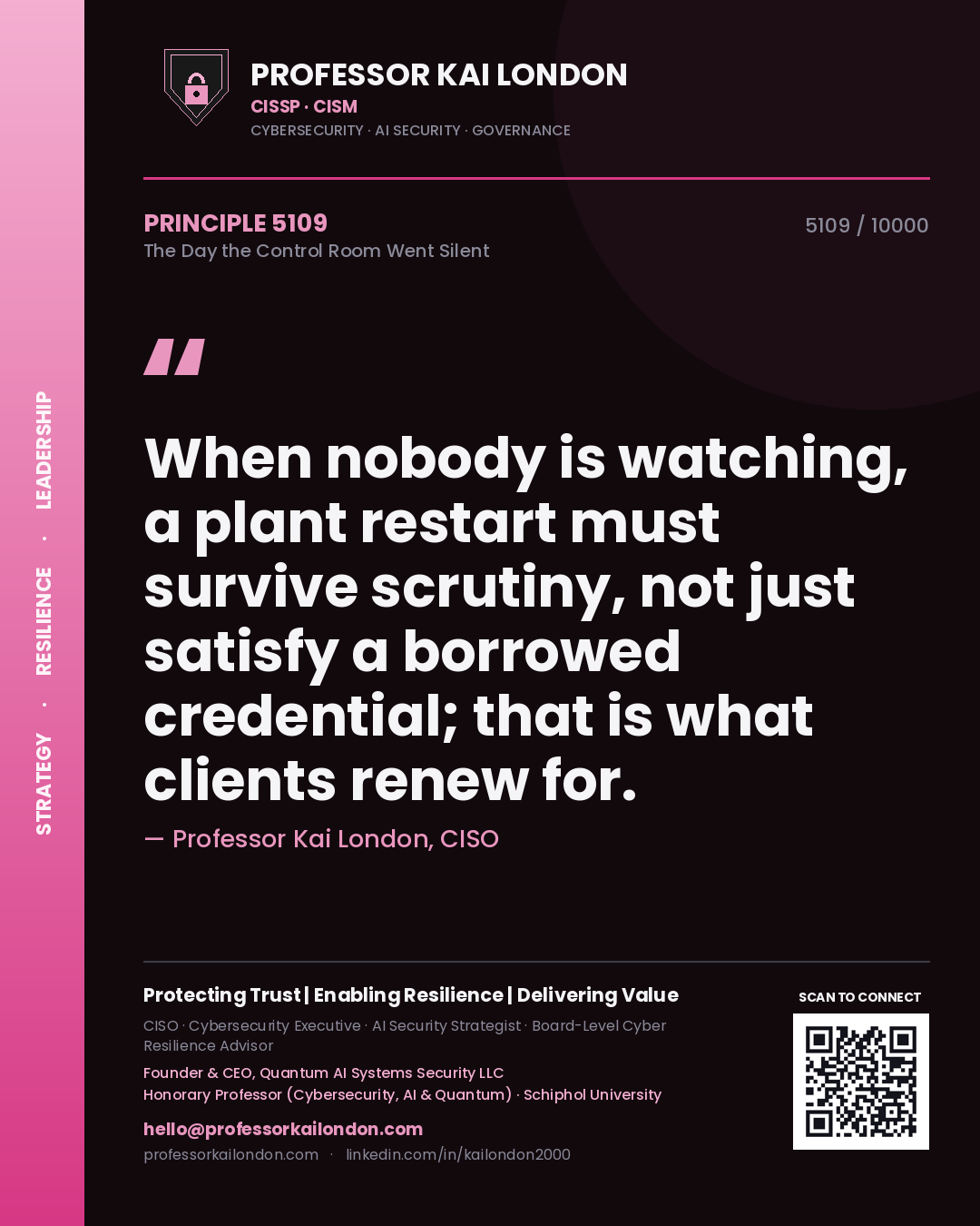Quote card by Professor Kai London reading 'When nobody is watching, a plant restart must survive scrutiny, not just satisfy a borrowed credential; that is what clients renew for.'. From the book The Day the Control Room Went Silent.