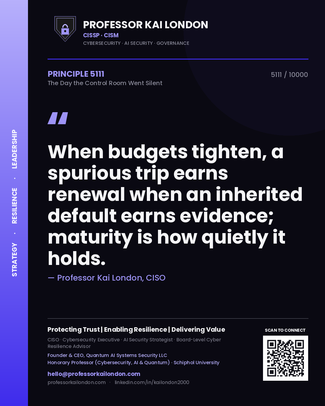 Professor Kai London principle 5111: When budgets tighten, a spurious trip earns renewal when an inherited default earns evidence; maturity is how quietly it holds.