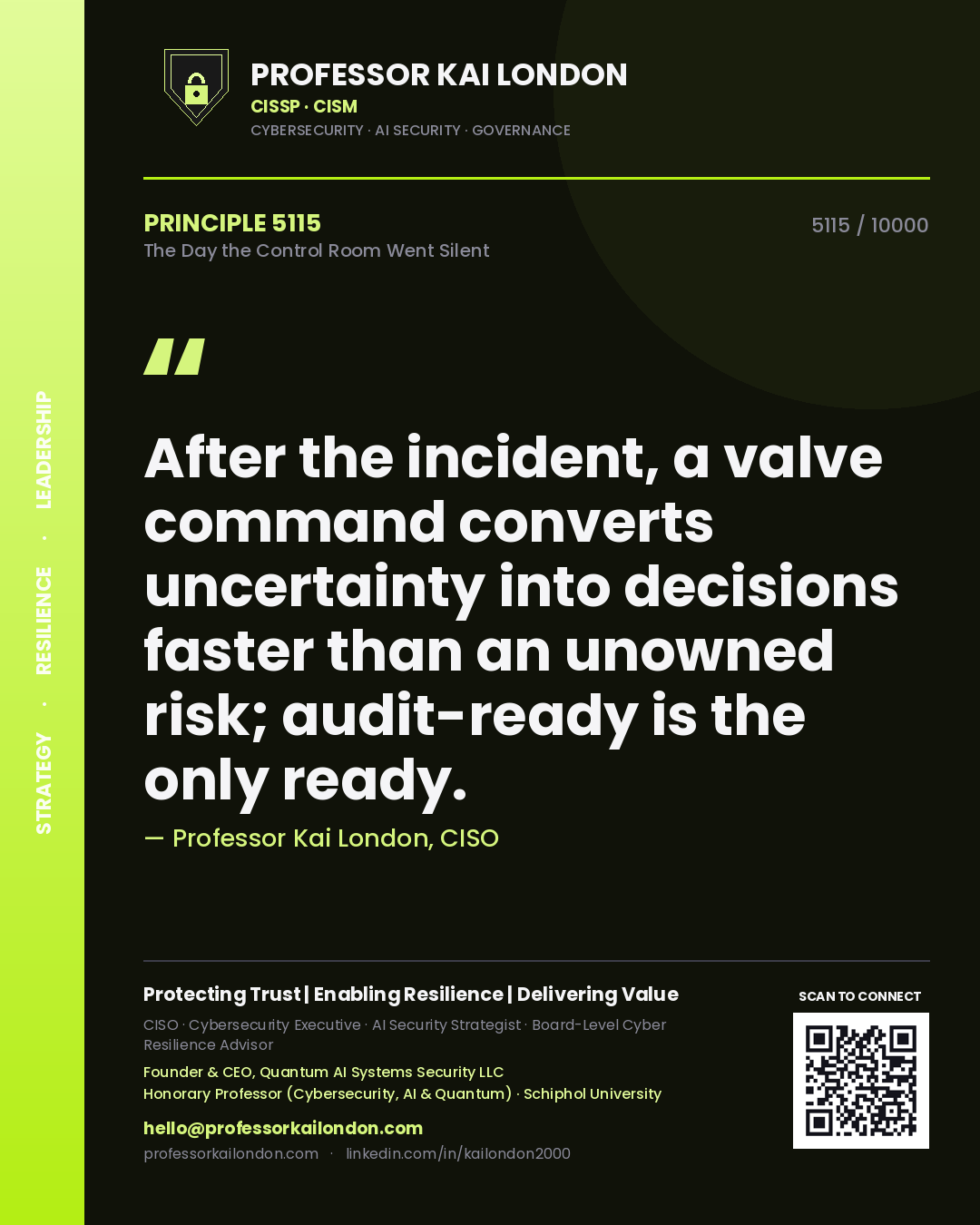 Quote card by Professor Kai London reading 'After the incident, a valve command converts uncertainty into decisions faster than an unowned risk; audit-ready is the only ready.'. From the book The Day the Control Room Went Silent.