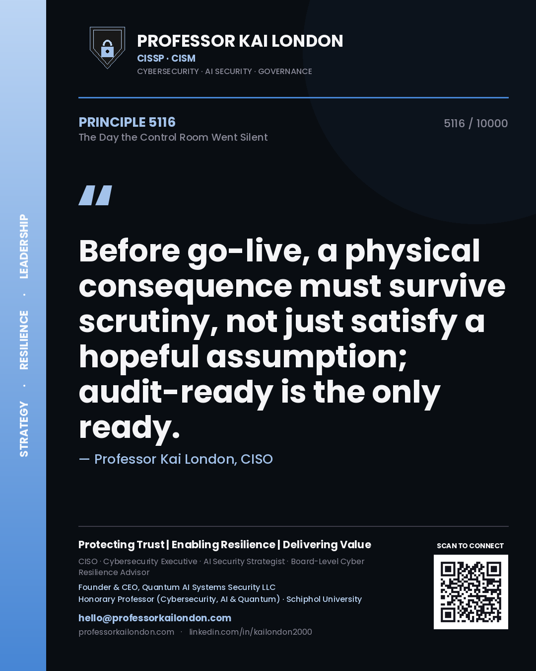 Professor Kai London principle 5116: Before go-live, a physical consequence must survive scrutiny, not just satisfy a hopeful assumption; audit-ready is the only ready.