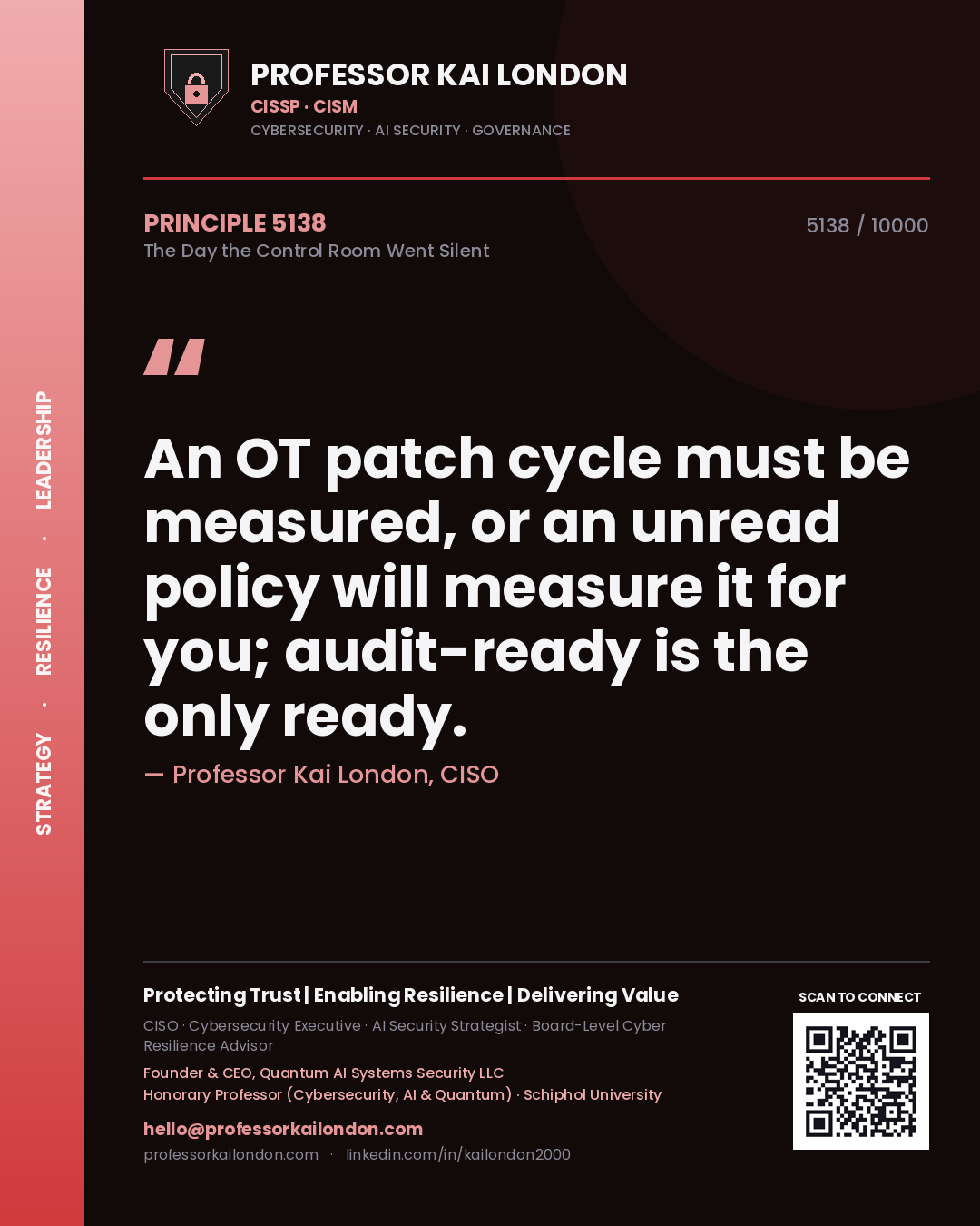 Quote card by Professor Kai London reading 'An OT patch cycle must be measured, or an unread policy will measure it for you; audit-ready is the only ready.'. From the book The Day the Control Room Went Silent.