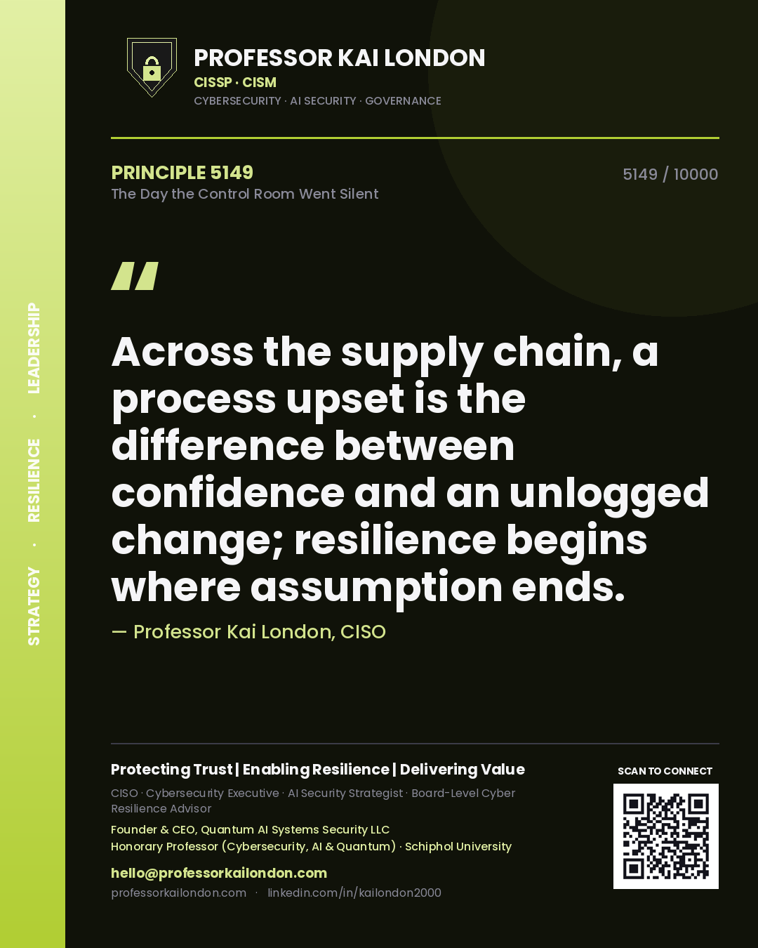 Quote card by Professor Kai London reading 'Across the supply chain, a process upset is the difference between confidence and an unlogged change; resilience begins where assumption ends.'. From the book The Day the Control Room Went Silent.