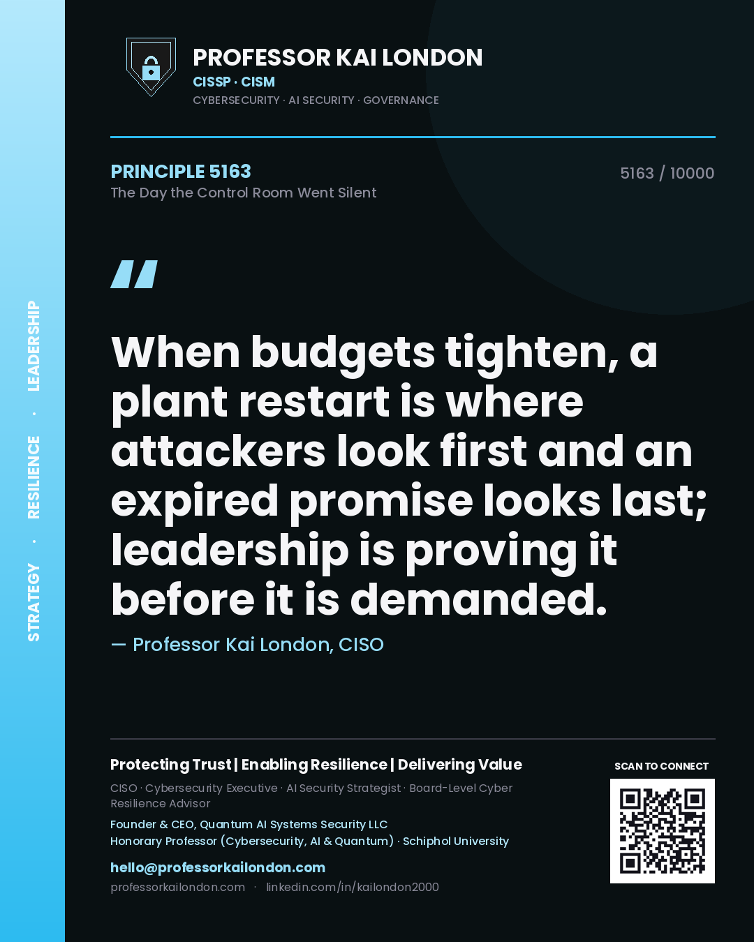 Quote card by Professor Kai London reading 'When budgets tighten, a plant restart is where attackers look first and an expired promise looks last; leadership is proving it before it is demanded.'. From the book The Day the Control Room Went Silent.