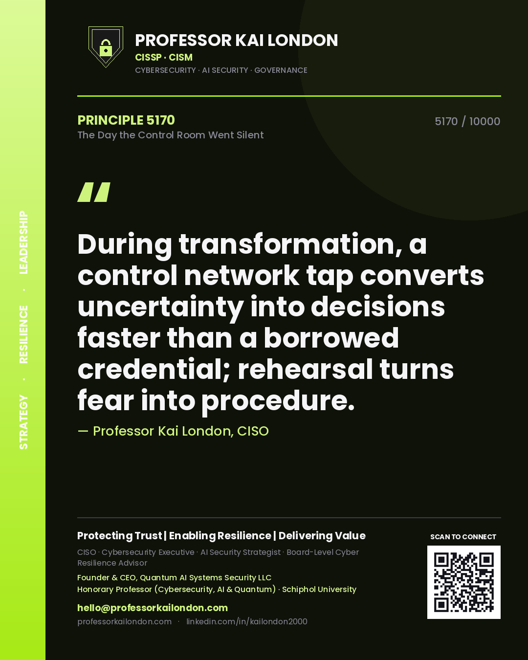 Professor Kai London principle 5170: During transformation, a control network tap converts uncertainty into decisions faster than a borrowed credential; rehearsal turns fear into procedure.