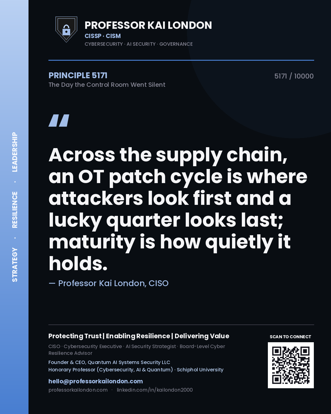 Professor Kai London principle 5171: Across the supply chain, an OT patch cycle is where attackers look first and a lucky quarter looks last; maturity is how quietly it holds.