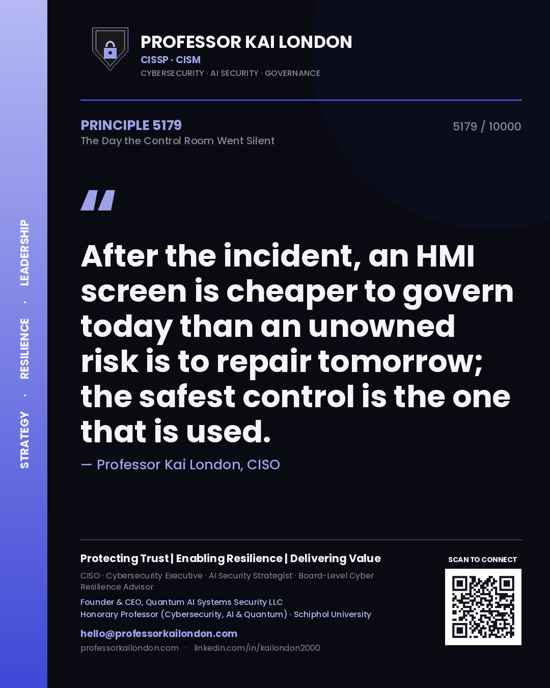 Quote card by Professor Kai London reading 'After the incident, an HMI screen is cheaper to govern today than an unowned risk is to repair tomorrow; the safest control is the one that is used.'. From the book The Day the Control Room Went Silent.
