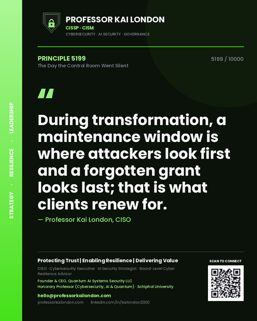 Quote card by Professor Kai London reading 'During transformation, a maintenance window is where attackers look first and a forgotten grant looks last; that is what clients renew for.'. From the book The Day the Control Room Went Silent.