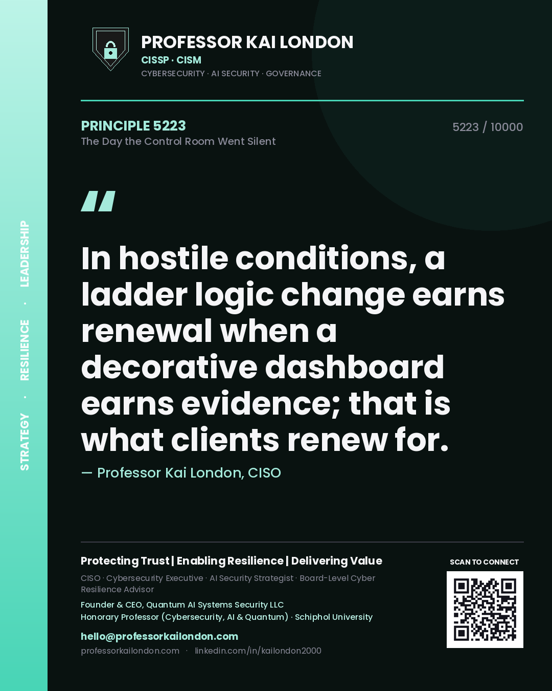 Quote card by Professor Kai London reading 'In hostile conditions, a ladder logic change earns renewal when a decorative dashboard earns evidence; that is what clients renew for.'. From the book The Day the Control Room Went Silent.