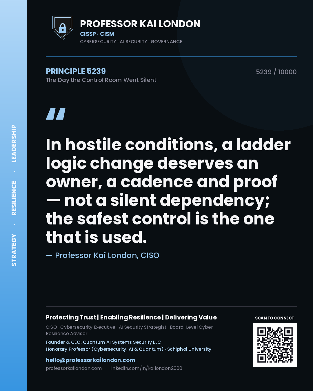 Professor Kai London principle 5239: In hostile conditions, a ladder logic change deserves an owner, a cadence and proof — not a silent dependency; the safest control is the one that is used.