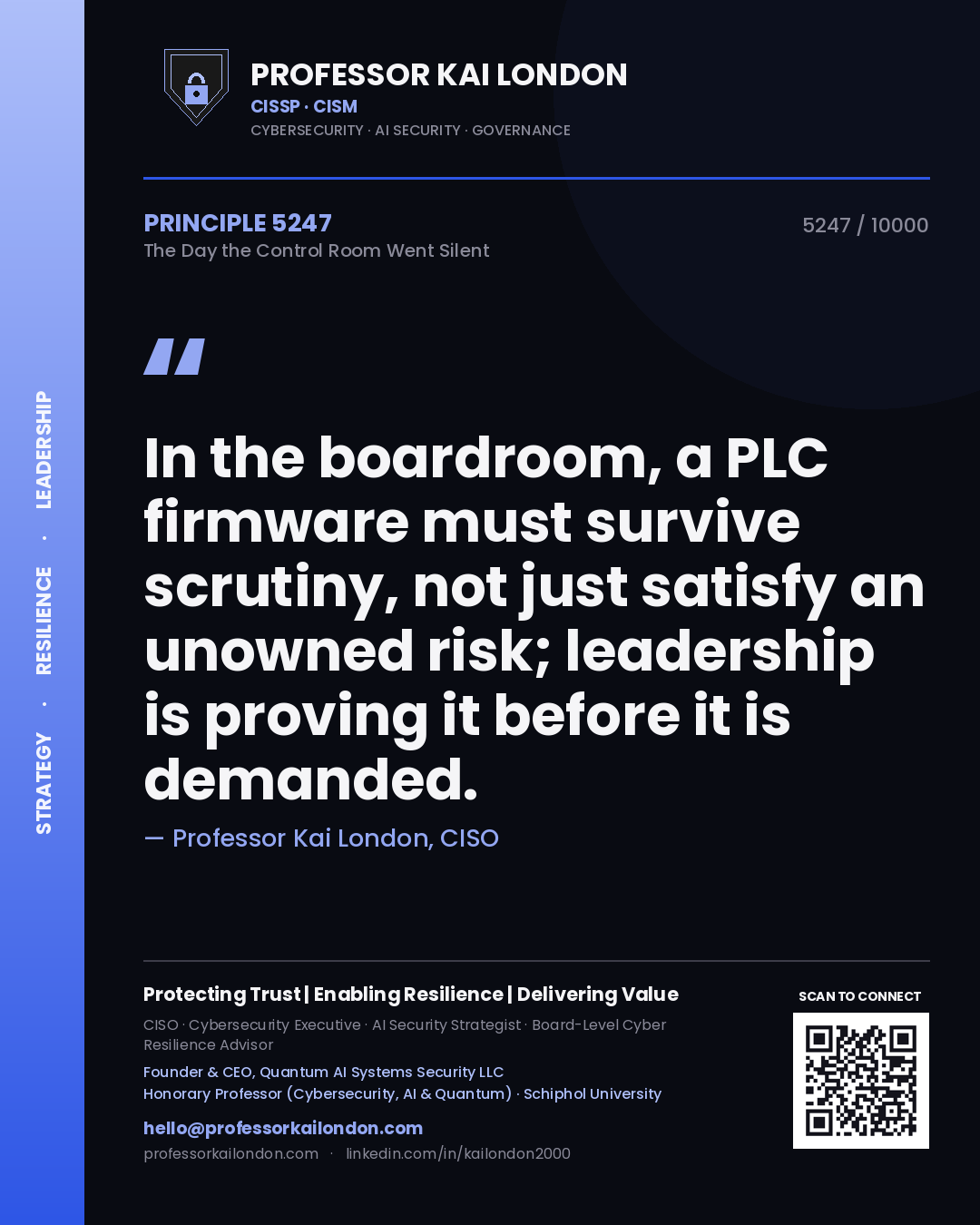 Professor Kai London principle 5247: In the boardroom, a PLC firmware must survive scrutiny, not just satisfy an unowned risk; leadership is proving it before it is demanded.