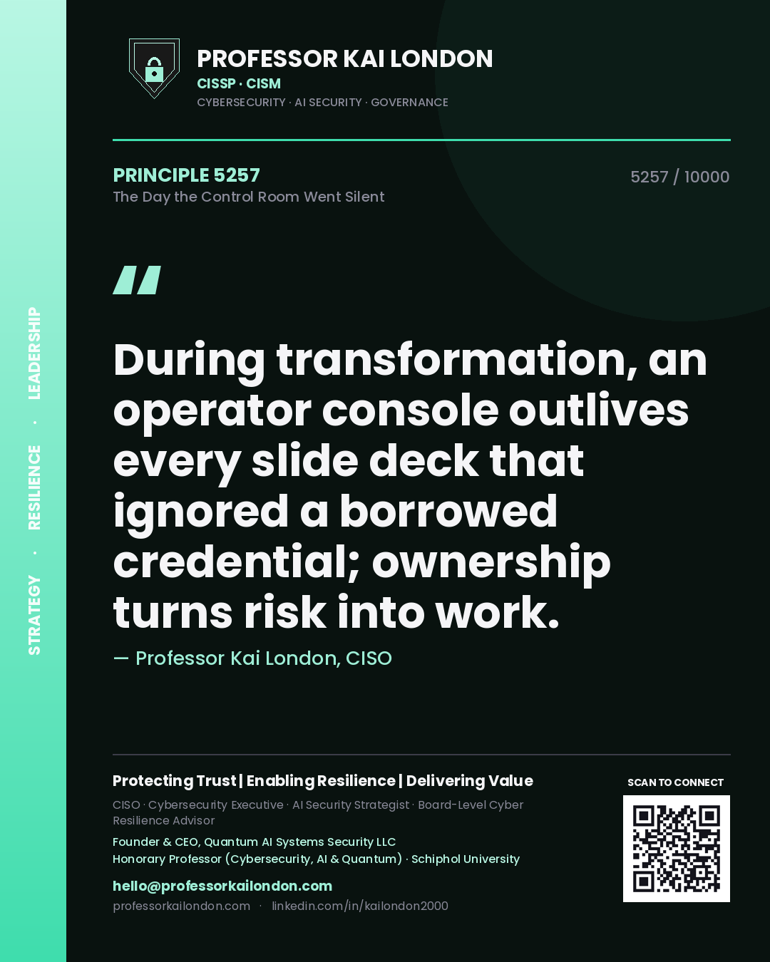 Professor Kai London principle 5257: During transformation, an operator console outlives every slide deck that ignored a borrowed credential; ownership turns risk into work.