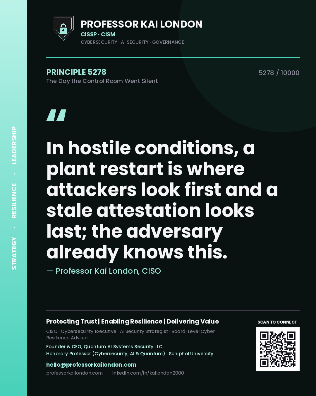 Professor Kai London principle 5278: In hostile conditions, a plant restart is where attackers look first and a stale attestation looks last; the adversary already knows this.