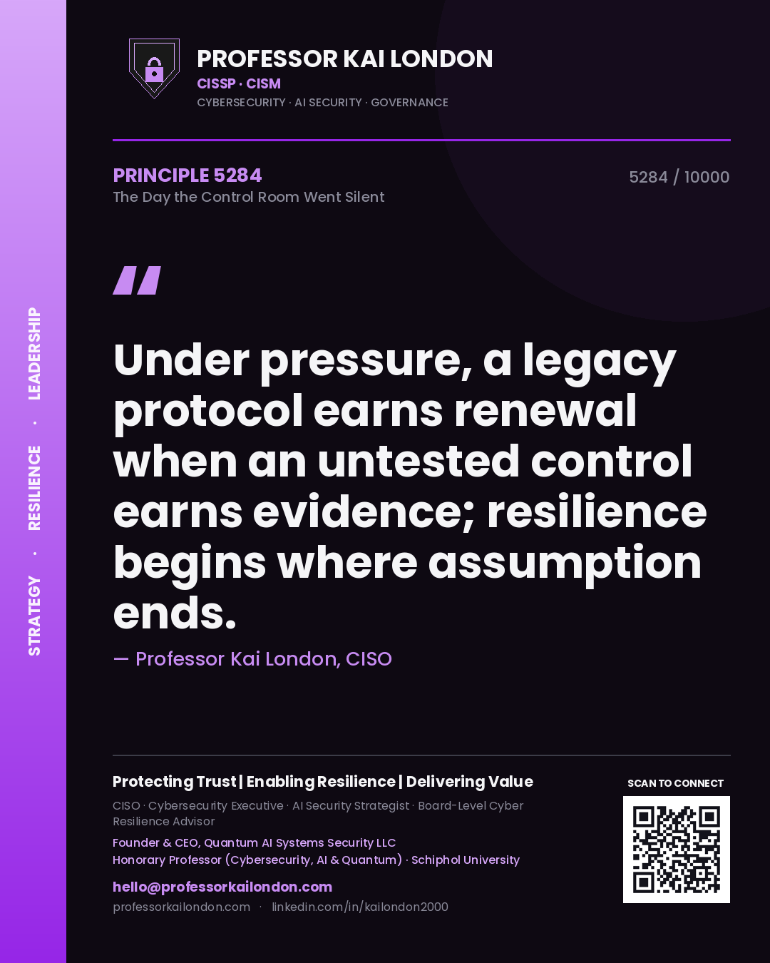 Quote card by Professor Kai London reading 'Under pressure, a legacy protocol earns renewal when an untested control earns evidence; resilience begins where assumption ends.'. From the book The Day the Control Room Went Silent.