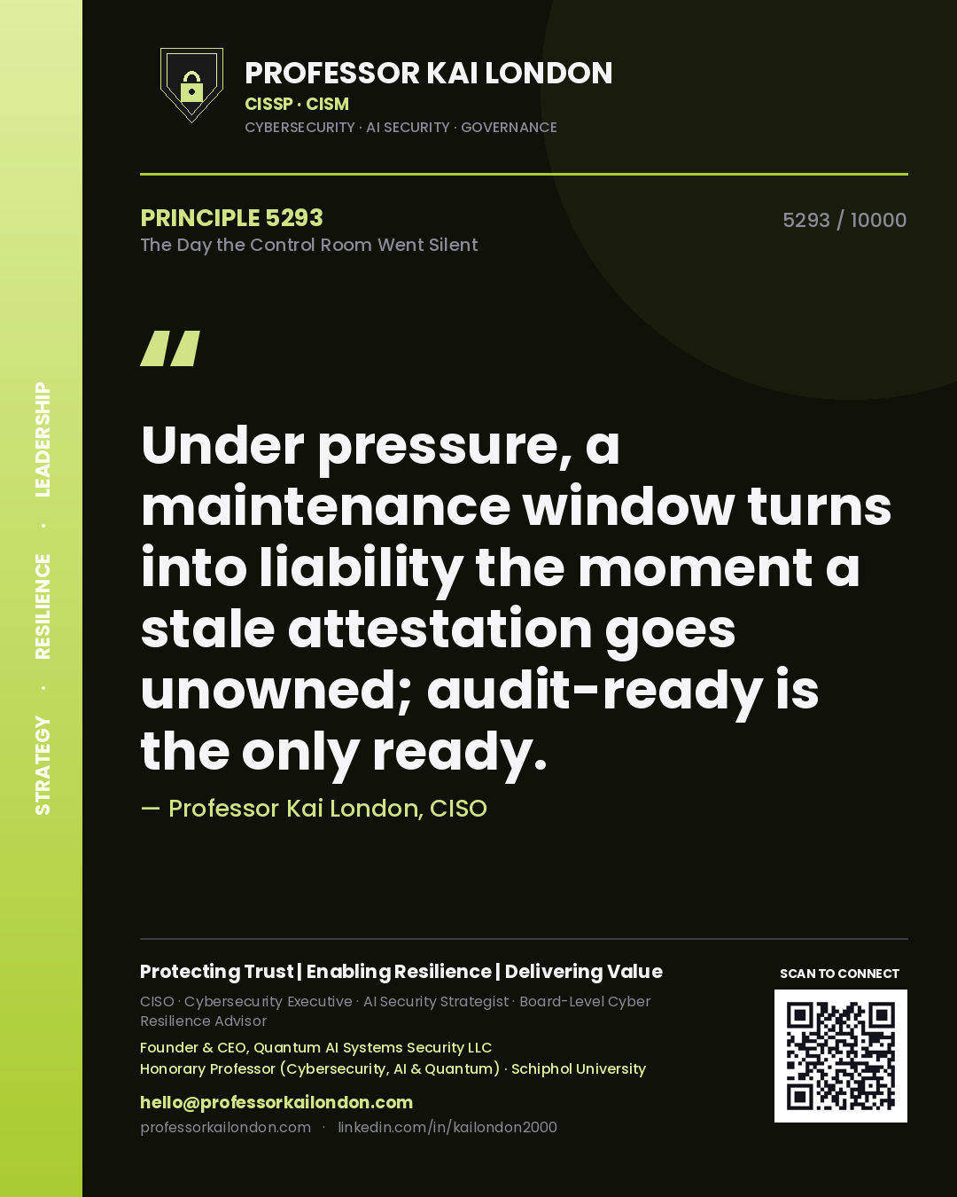 Professor Kai London principle 5293: Under pressure, a maintenance window turns into liability the moment a stale attestation goes unowned; audit-ready is the only ready.