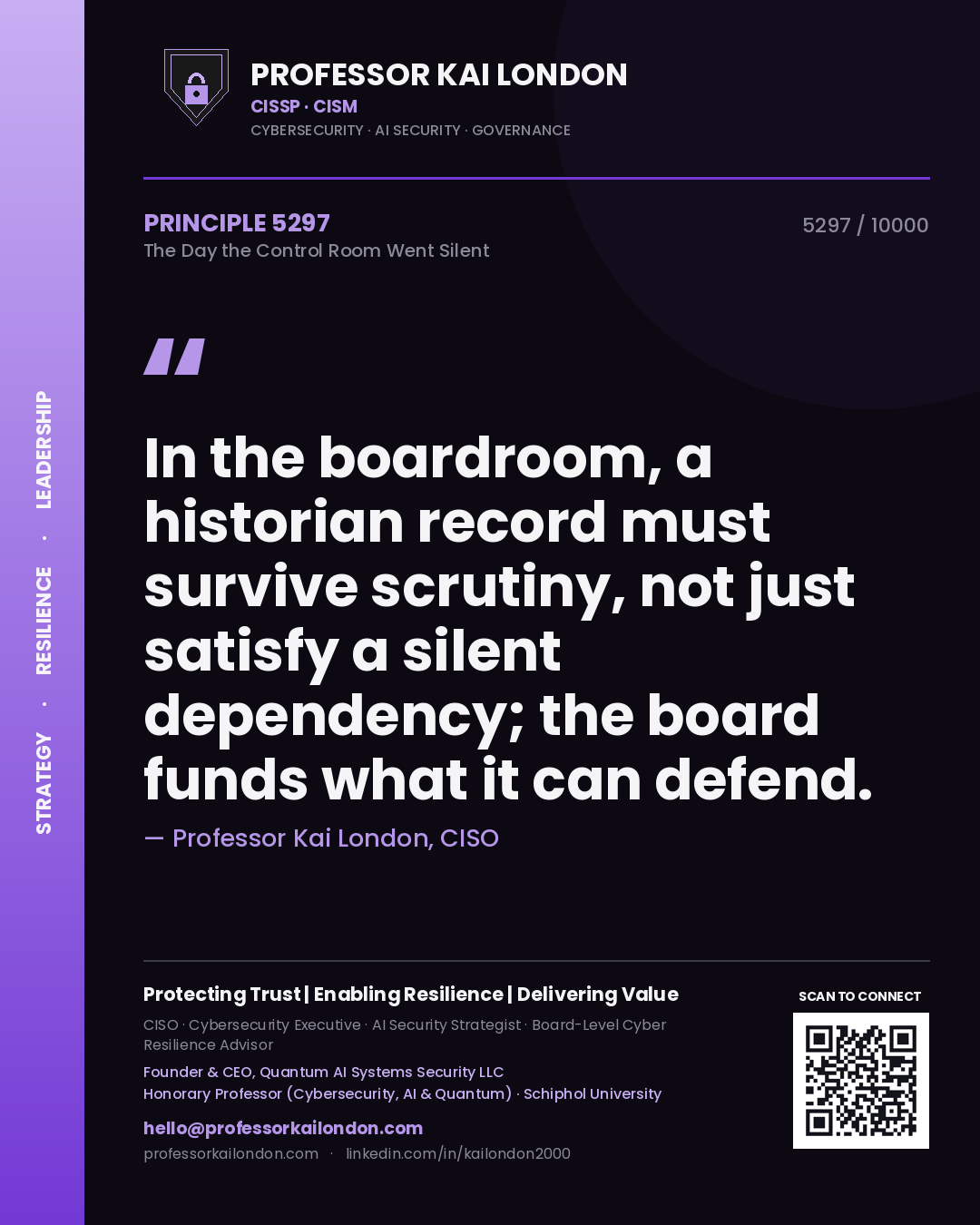 Professor Kai London principle 5297: In the boardroom, a historian record must survive scrutiny, not just satisfy a silent dependency; the board funds what it can defend.
