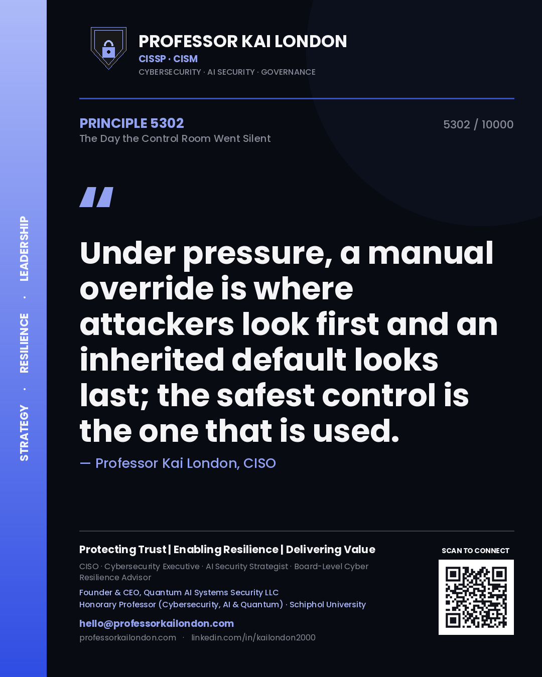 Quote card by Professor Kai London reading 'Under pressure, a manual override is where attackers look first and an inherited default looks last; the safest control is the one that is used.'. From the book The Day the Control Room Went Silent.
