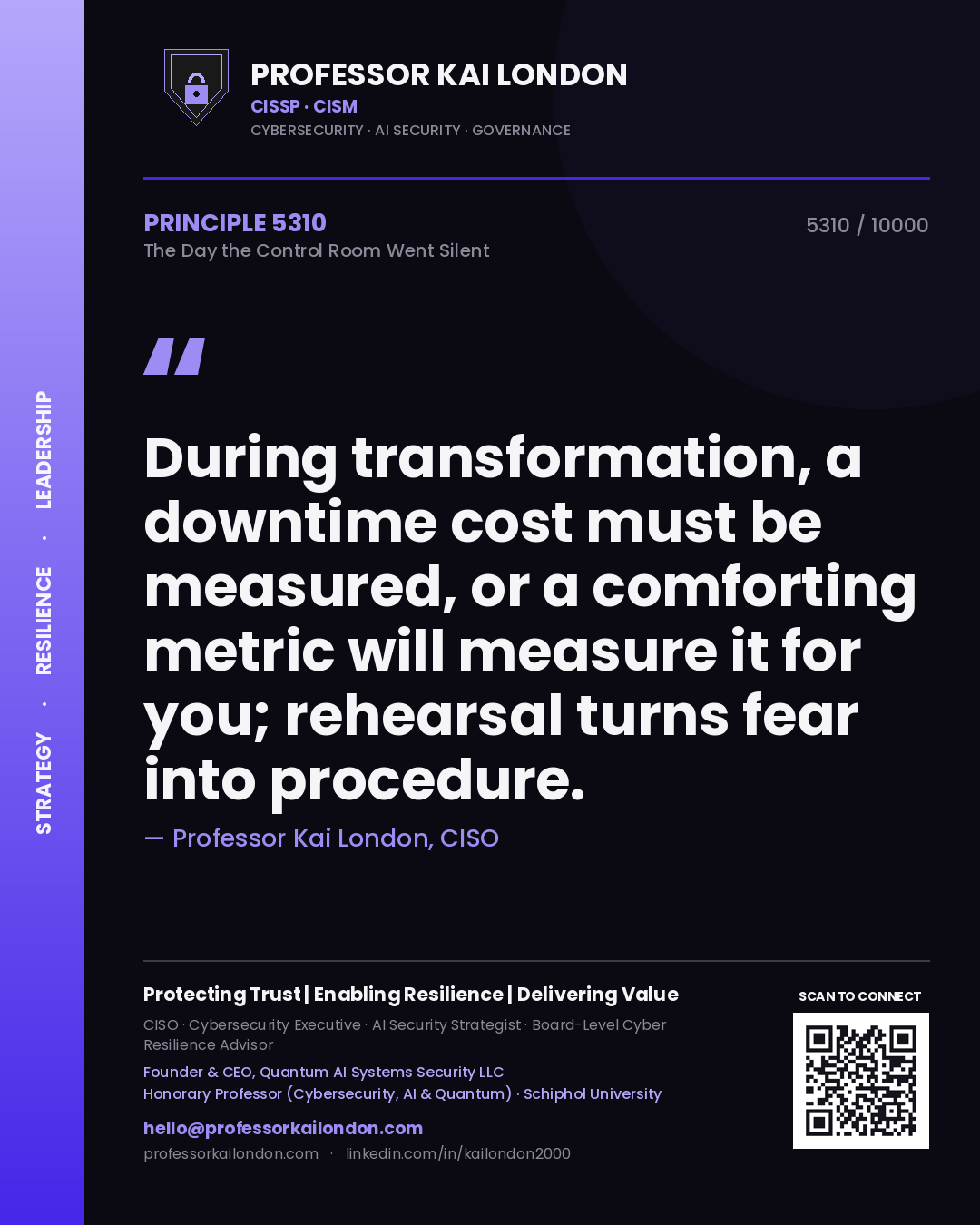 Quote card by Professor Kai London reading 'During transformation, a downtime cost must be measured, or a comforting metric will measure it for you; rehearsal turns fear into procedure.'. From the book The Day the Control Room Went Silent.