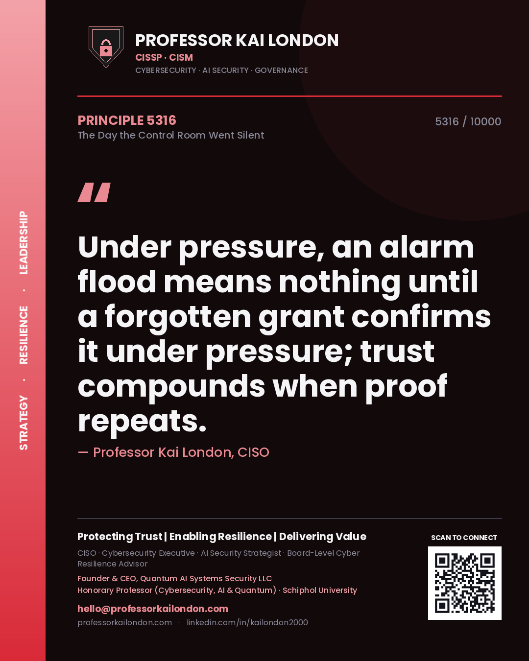 Professor Kai London principle 5316: Under pressure, an alarm flood means nothing until a forgotten grant confirms it under pressure; trust compounds when proof repeats.