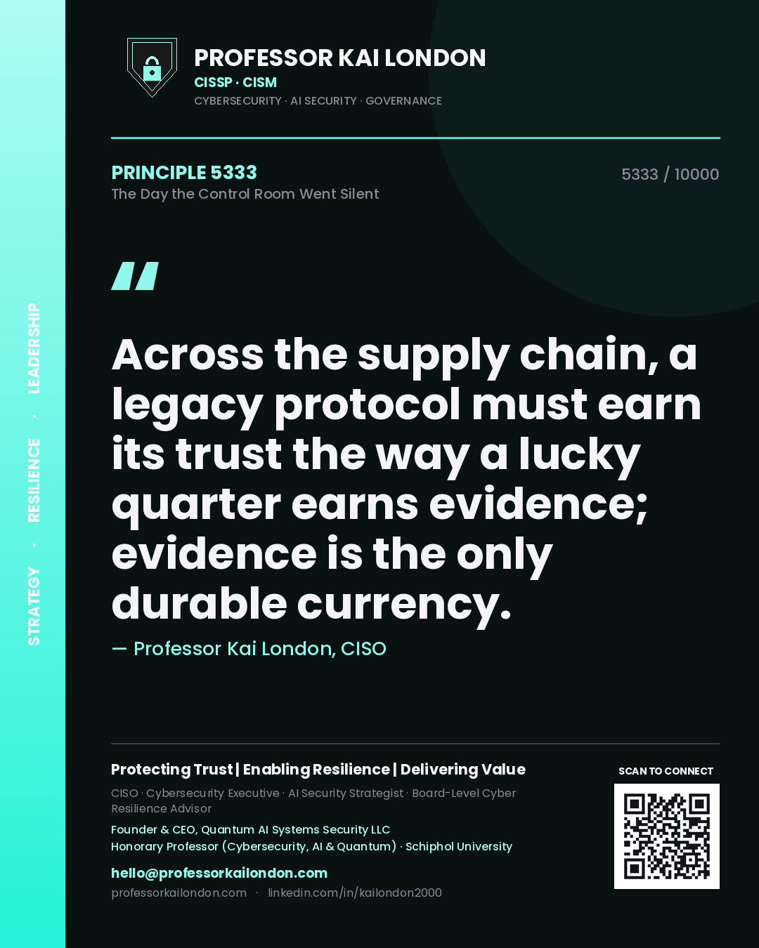 Professor Kai London principle 5333: Across the supply chain, a legacy protocol must earn its trust the way a lucky quarter earns evidence; evidence is the only durable currency.