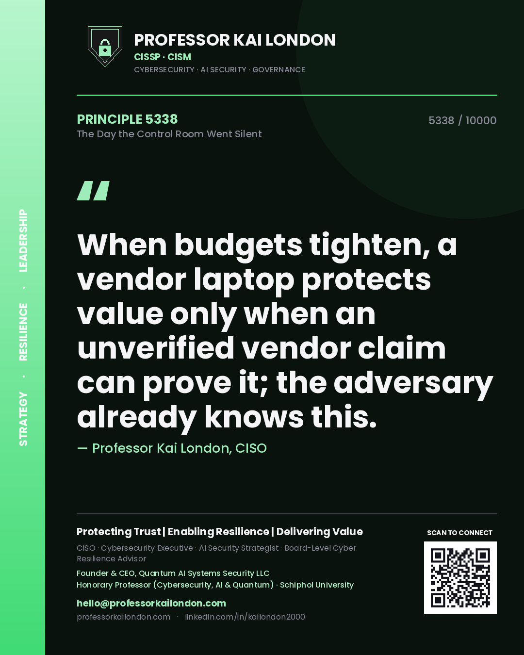 Professor Kai London principle 5338: When budgets tighten, a vendor laptop protects value only when an unverified vendor claim can prove it; the adversary already knows this.