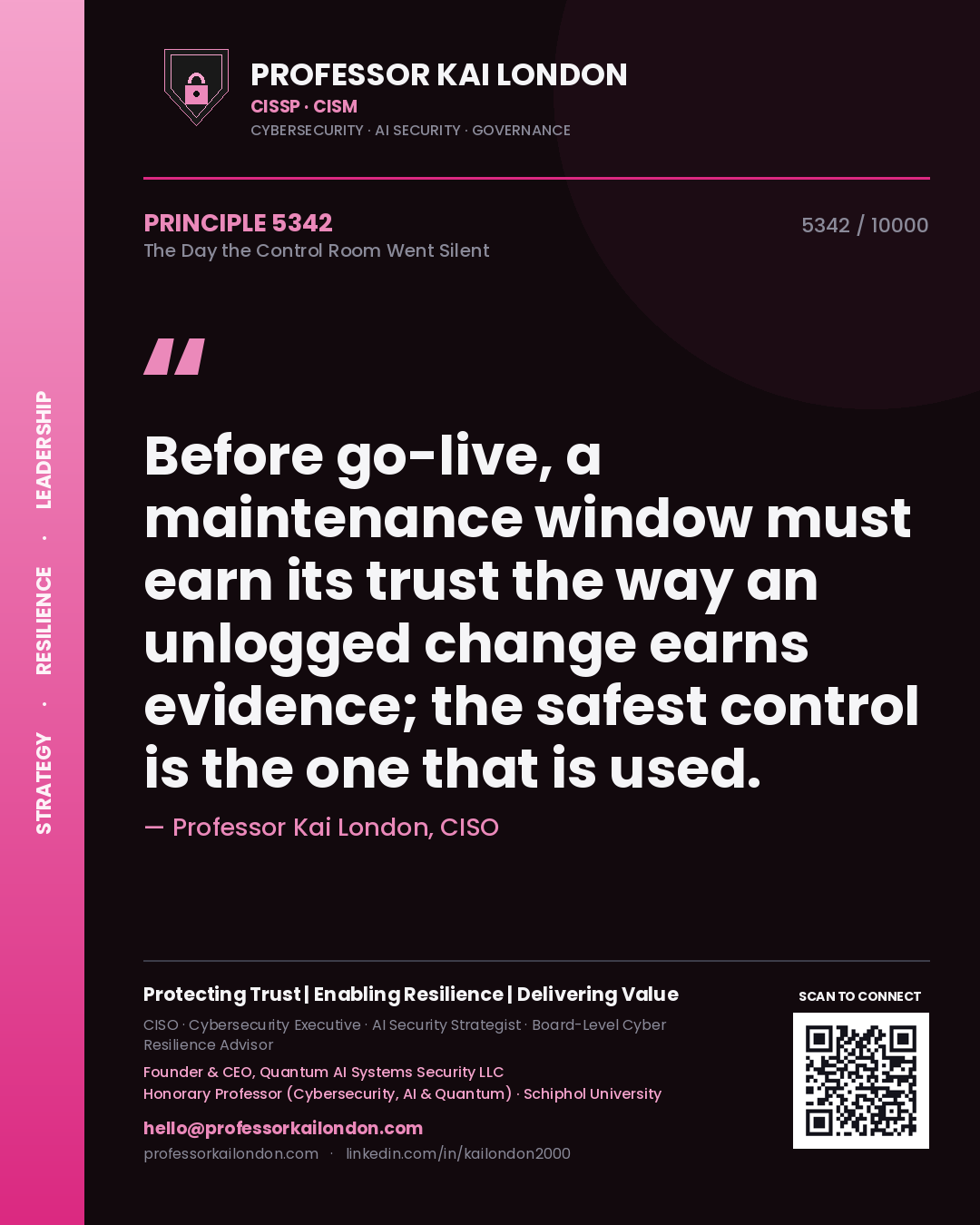 Professor Kai London principle 5342: Before go-live, a maintenance window must earn its trust the way an unlogged change earns evidence; the safest control is the one that is used.