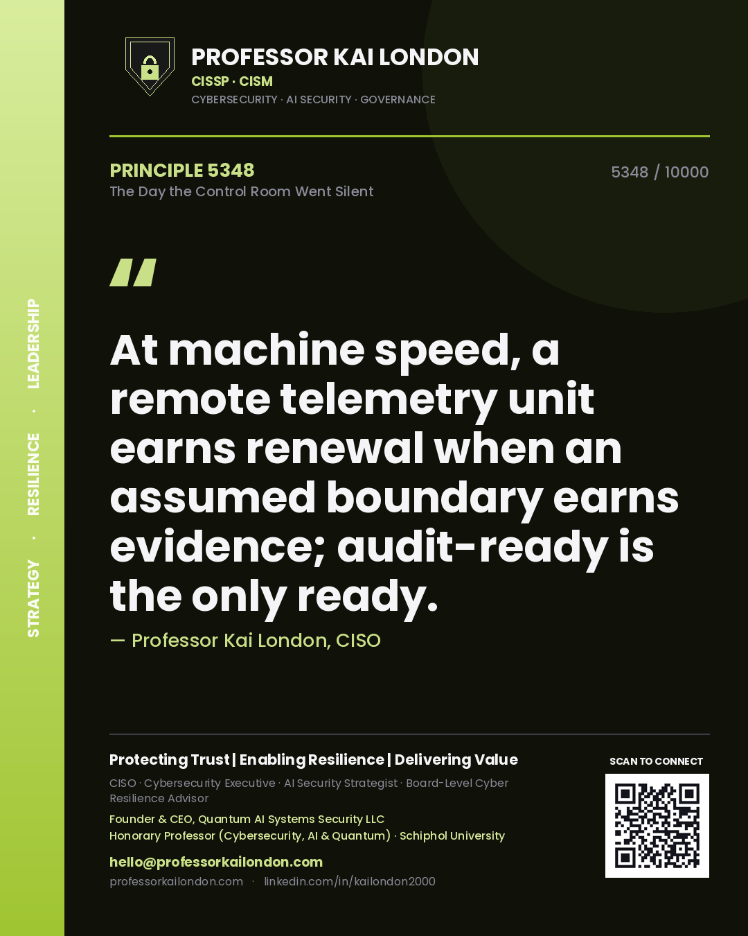 Professor Kai London principle 5348: At machine speed, a remote telemetry unit earns renewal when an assumed boundary earns evidence; audit-ready is the only ready.