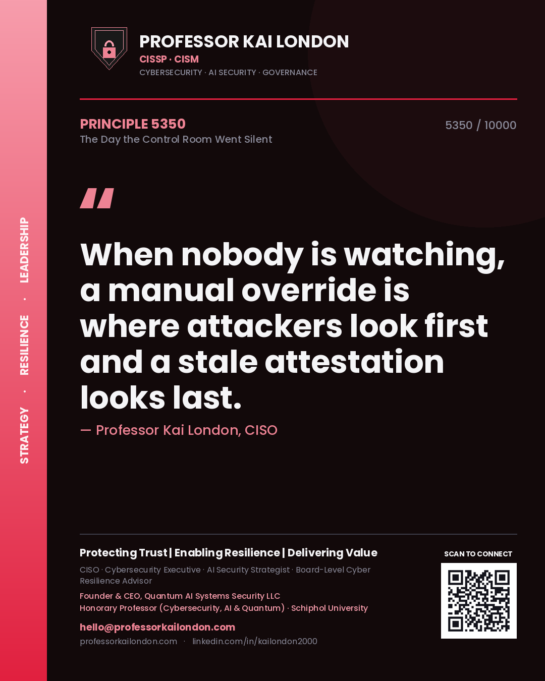 Quote card by Professor Kai London reading 'When nobody is watching, a manual override is where attackers look first and a stale attestation looks last.'. From the book The Day the Control Room Went Silent.