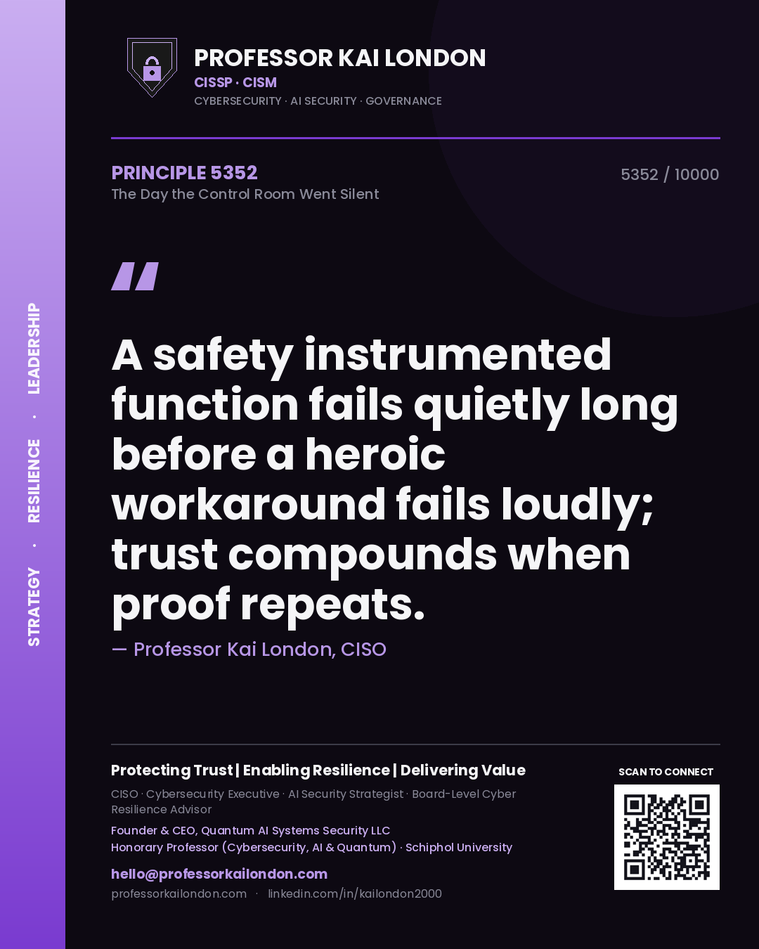 Quote card by Professor Kai London reading 'A safety instrumented function fails quietly long before a heroic workaround fails loudly; trust compounds when proof repeats.'. From the book The Day the Control Room Went Silent.