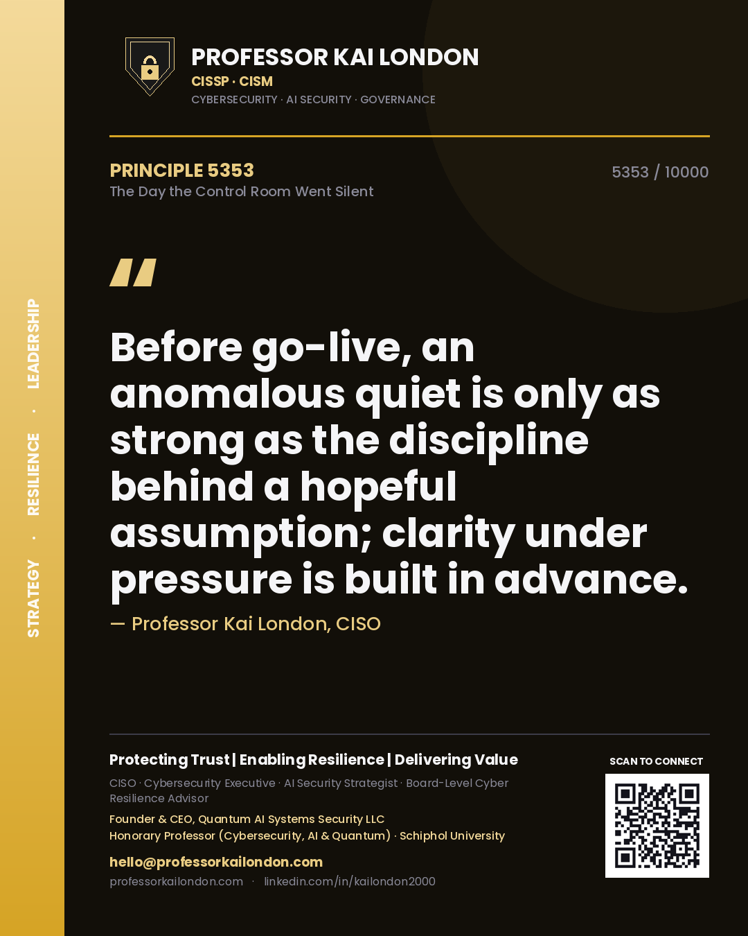 Quote card by Professor Kai London reading 'Before go-live, an anomalous quiet is only as strong as the discipline behind a hopeful assumption; clarity under pressure is built in advance.'. From the book The Day the Control Room Went Silent.