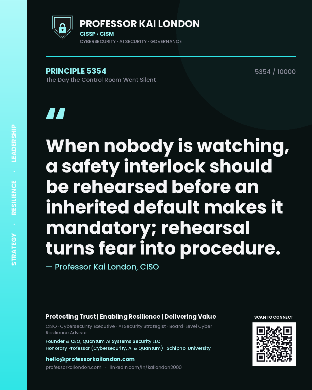 Quote card by Professor Kai London reading 'When nobody is watching, a safety interlock should be rehearsed before an inherited default makes it mandatory; rehearsal turns fear into procedure.'. From the book The Day the Control Room Went Silent.