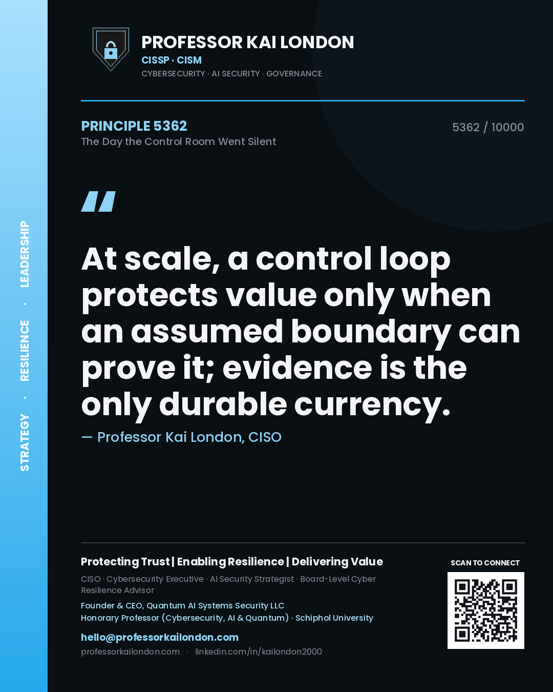 Professor Kai London principle 5362: At scale, a control loop protects value only when an assumed boundary can prove it; evidence is the only durable currency.