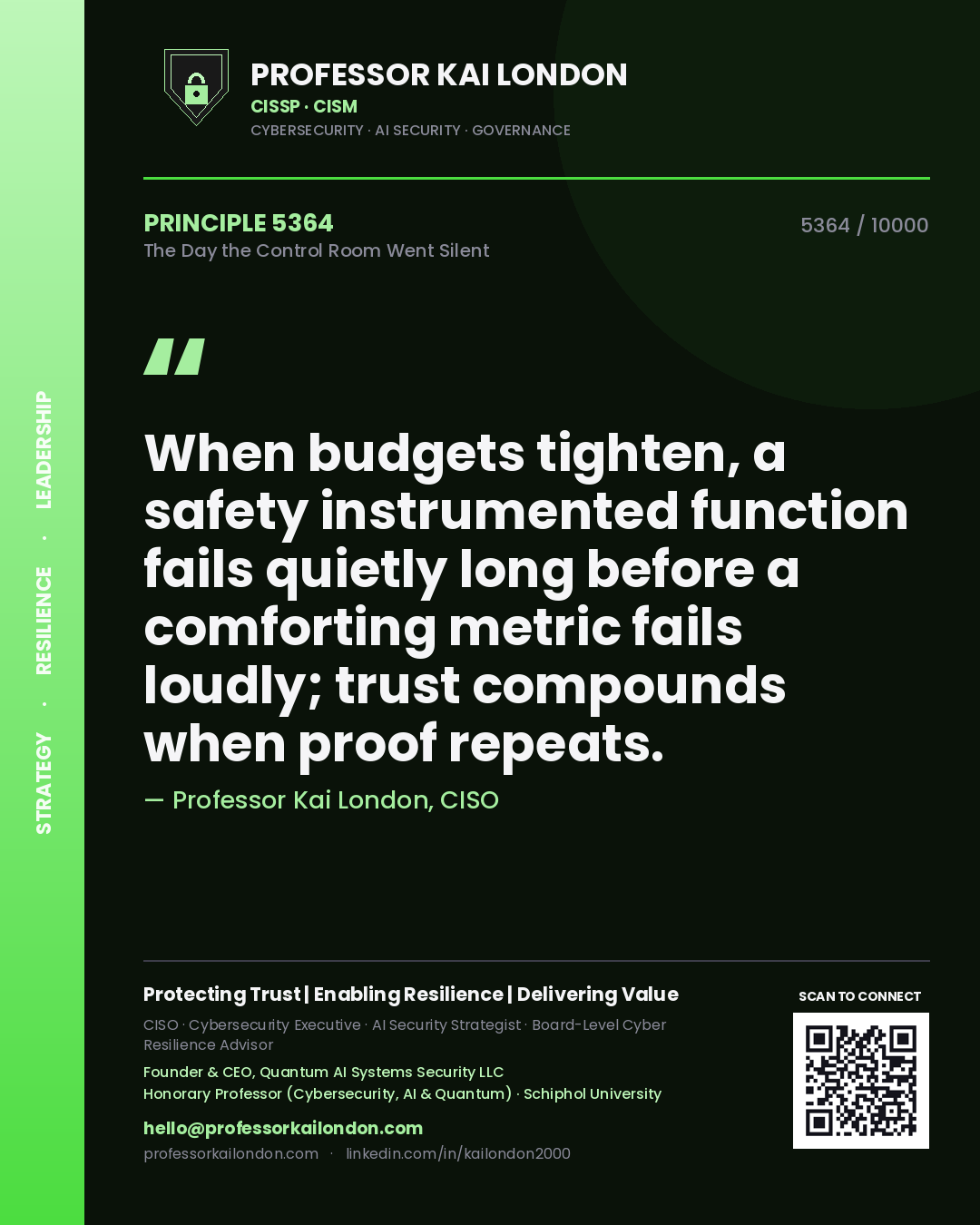 Professor Kai London principle 5364: When budgets tighten, a safety instrumented function fails quietly long before a comforting metric fails loudly; trust compounds when proof repeats.