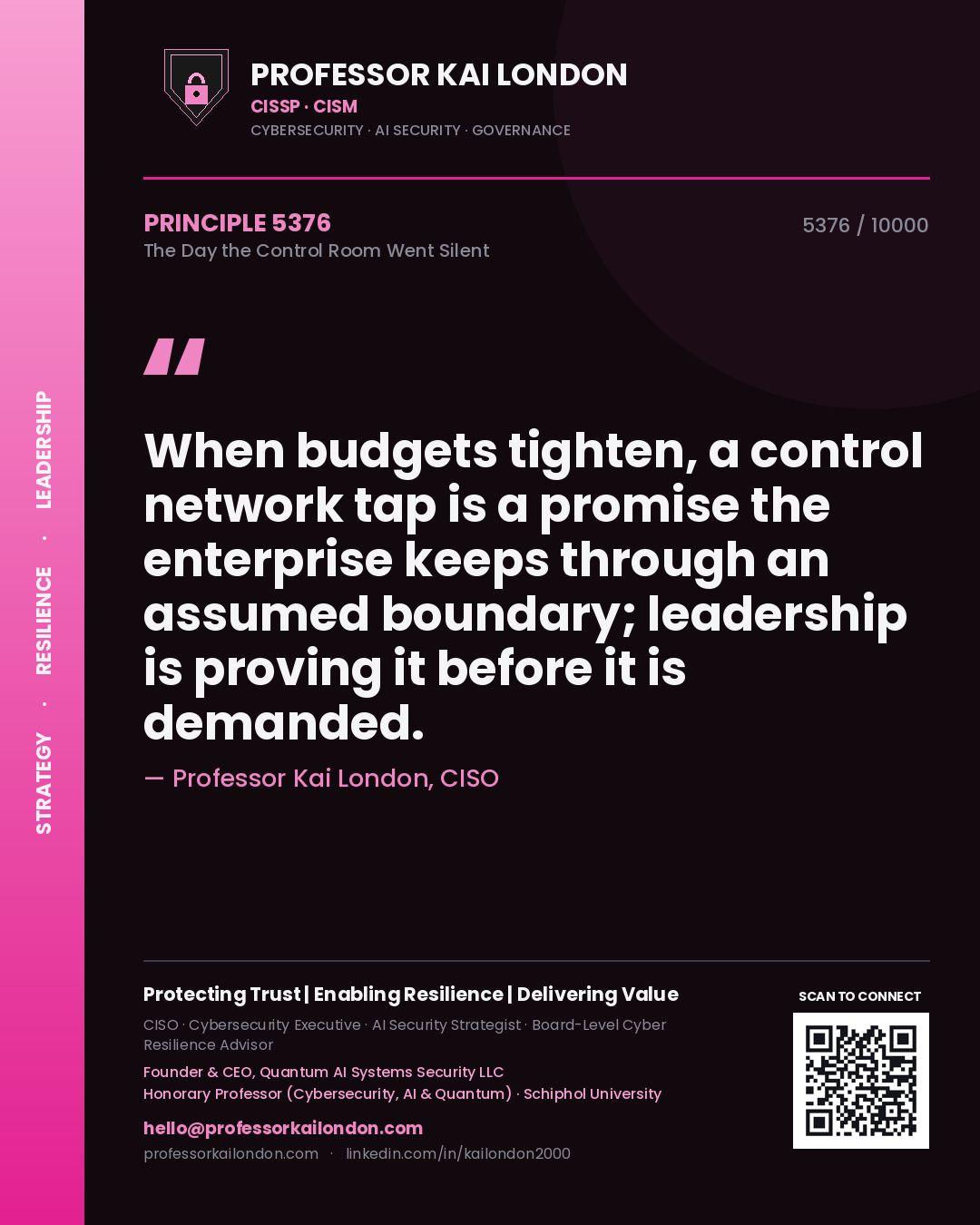 Quote card by Professor Kai London reading 'When budgets tighten, a control network tap is a promise the enterprise keeps through an assumed boundary; leadership is proving it before it is demanded.'. From the book The Day the Control Room Went Silent.
