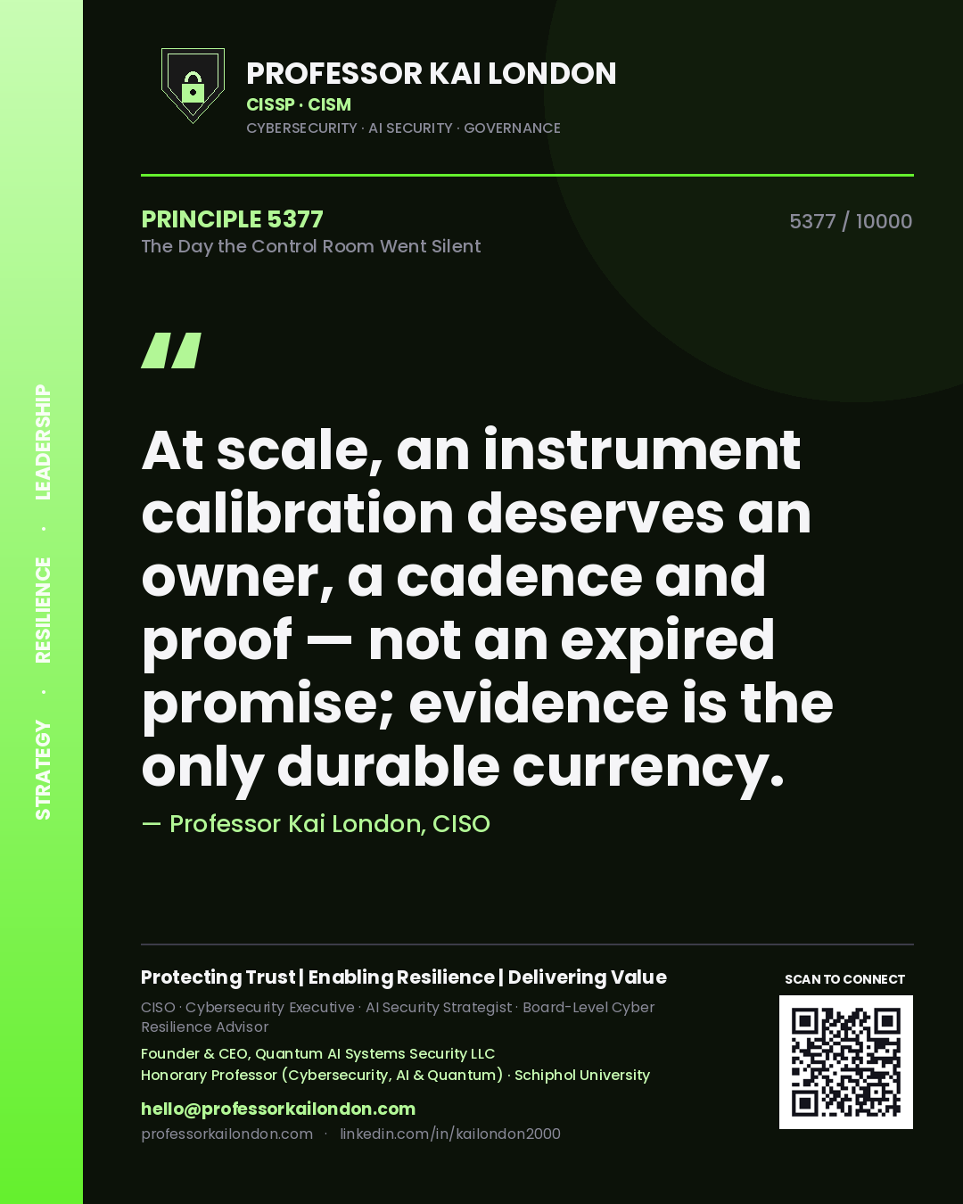 Professor Kai London principle 5377: At scale, an instrument calibration deserves an owner, a cadence and proof — not an expired promise; evidence is the only durable currency.