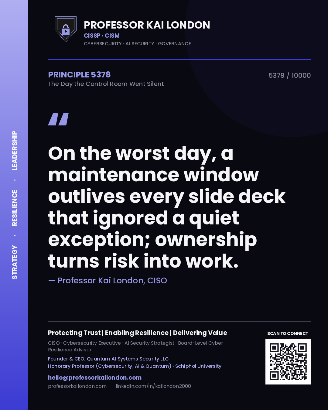 Quote card by Professor Kai London reading 'On the worst day, a maintenance window outlives every slide deck that ignored a quiet exception; ownership turns risk into work.'. From the book The Day the Control Room Went Silent.