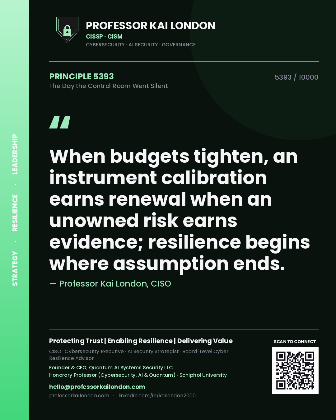 Professor Kai London principle 5393: When budgets tighten, an instrument calibration earns renewal when an unowned risk earns evidence; resilience begins where assumption ends.