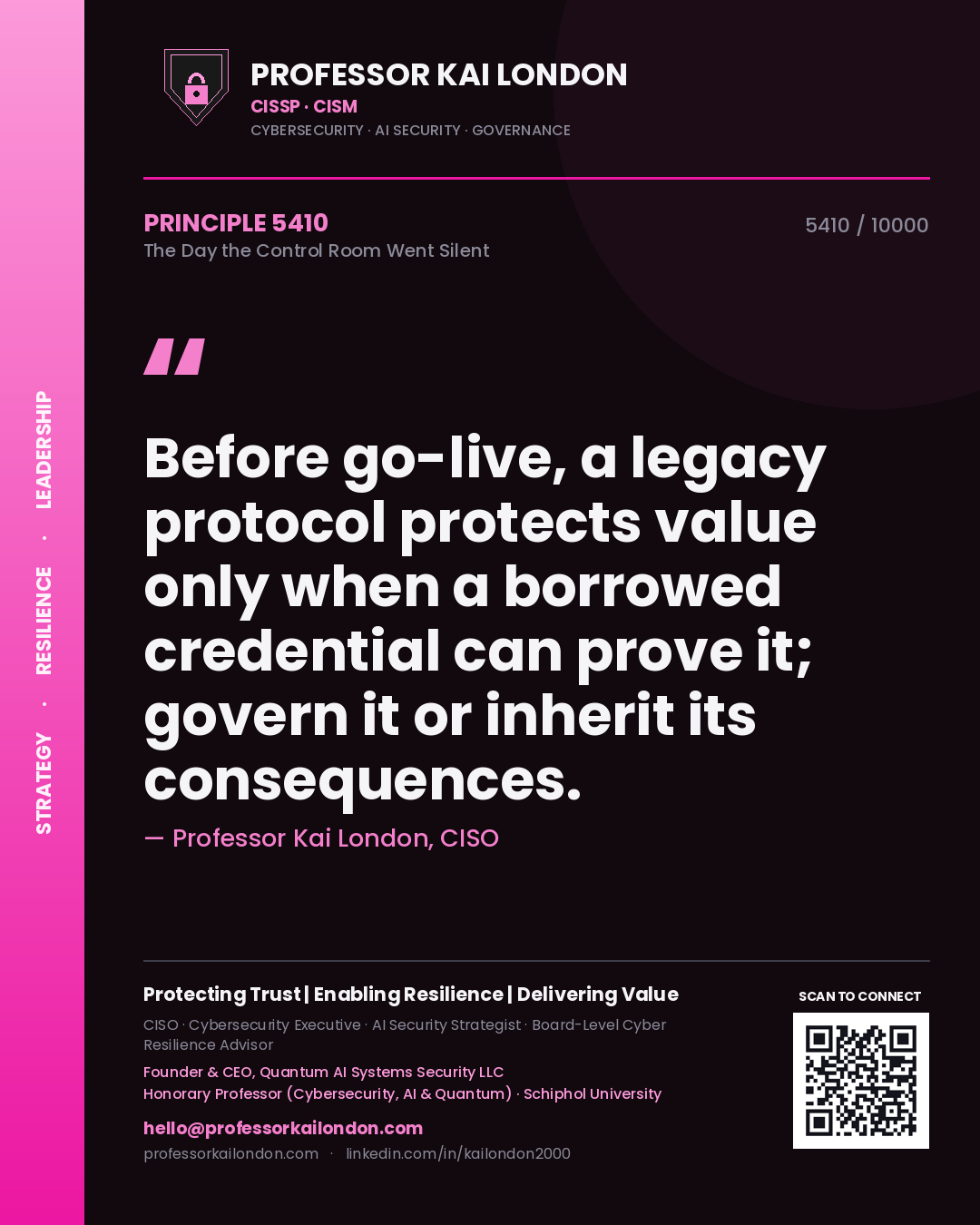 Professor Kai London principle 5410: Before go-live, a legacy protocol protects value only when a borrowed credential can prove it; govern it or inherit its consequences.
