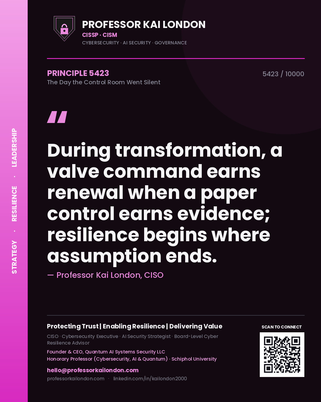Professor Kai London principle 5423: During transformation, a valve command earns renewal when a paper control earns evidence; resilience begins where assumption ends.