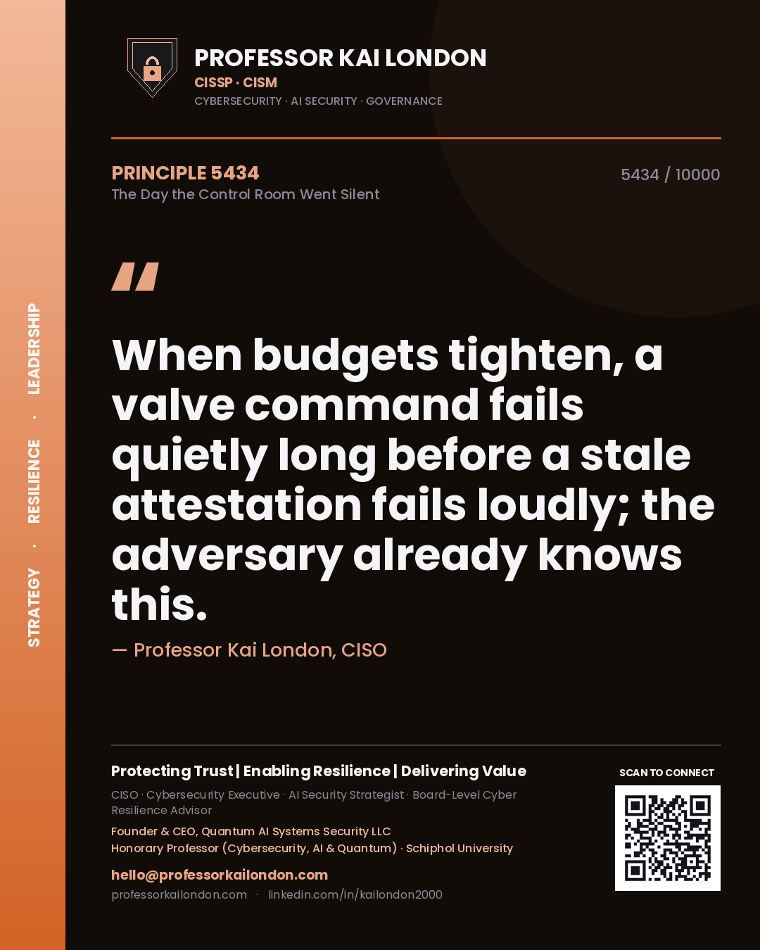 Professor Kai London principle 5434: When budgets tighten, a valve command fails quietly long before a stale attestation fails loudly; the adversary already knows this.