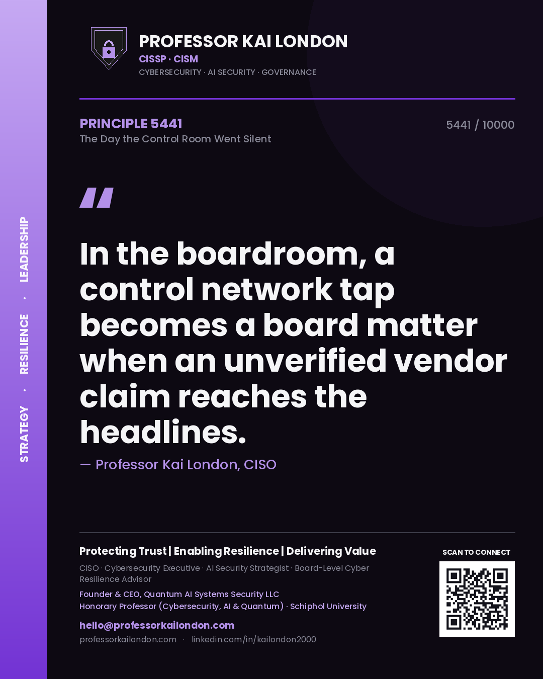 Professor Kai London principle 5441: In the boardroom, a control network tap becomes a board matter when an unverified vendor claim reaches the headlines.