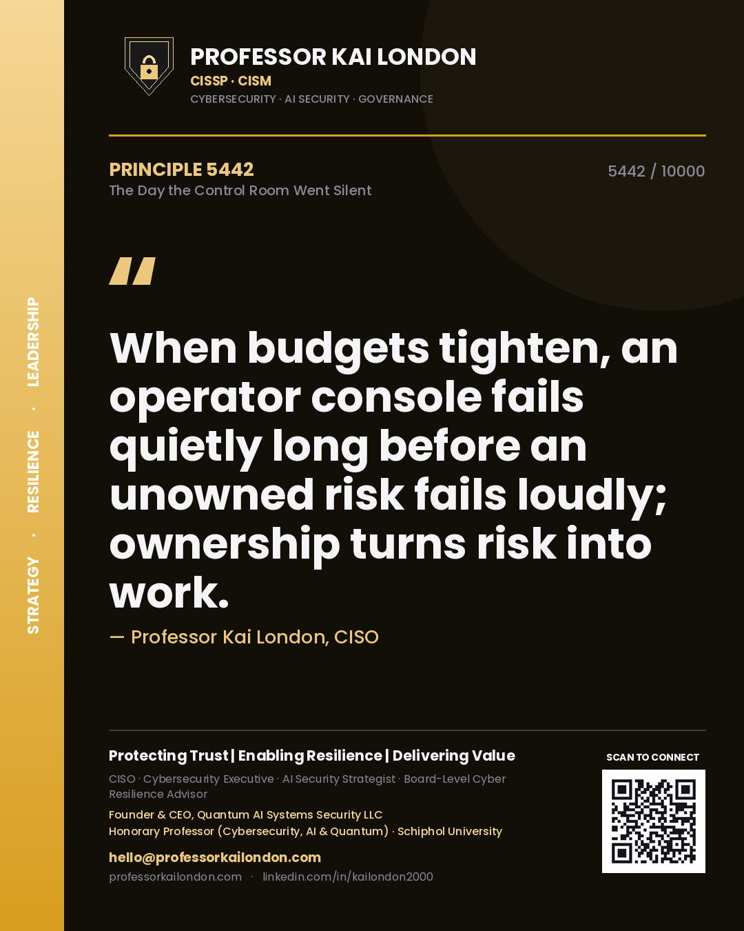 Quote card by Professor Kai London reading 'When budgets tighten, an operator console fails quietly long before an unowned risk fails loudly; ownership turns risk into work.'. From the book The Day the Control Room Went Silent.